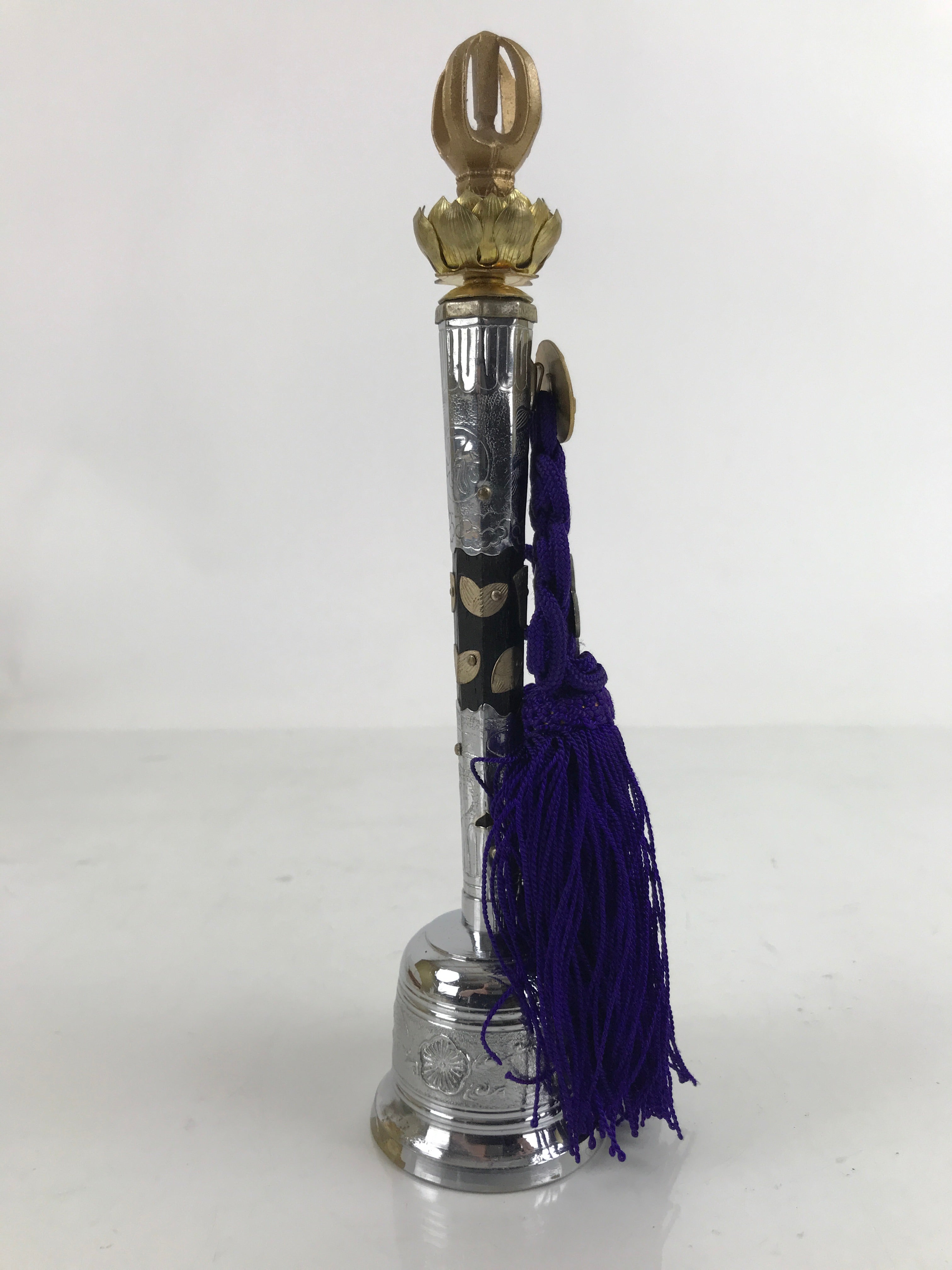 Japanese Buddhist Metal Prayer Handbell Kongorei Vtg Purple Tassel Silver BA412