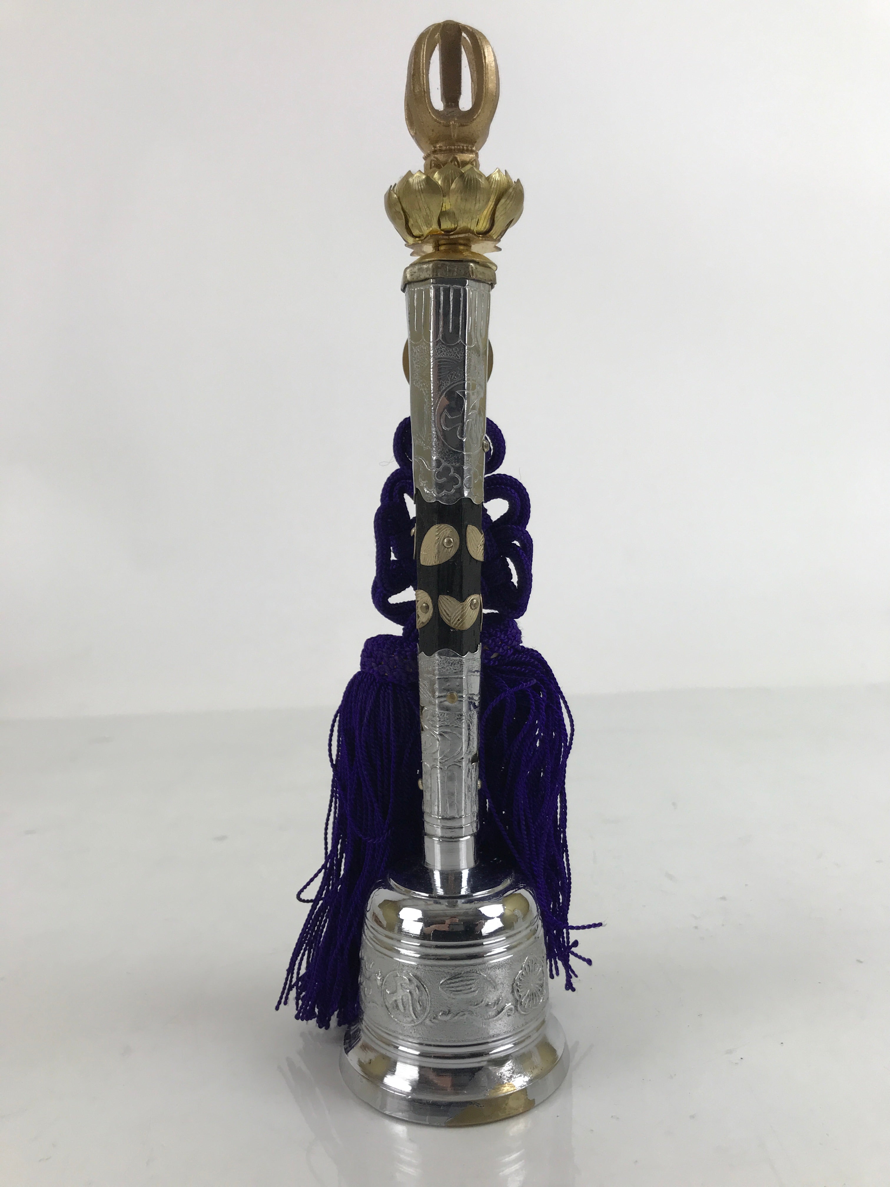 Japanese Buddhist Metal Prayer Handbell Kongorei Vtg Purple Tassel Silver BA412