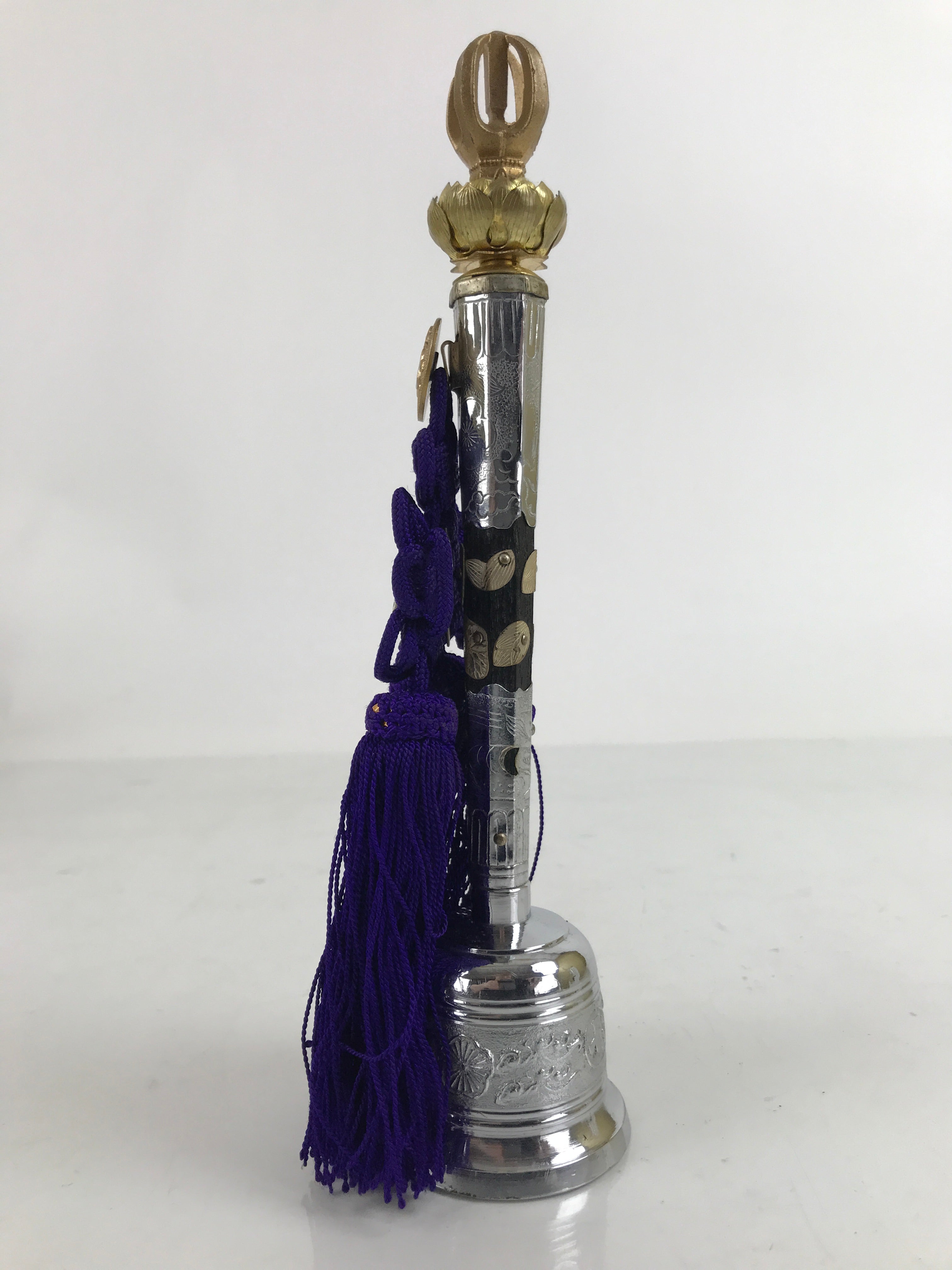 Japanese Buddhist Metal Prayer Handbell Kongorei Vtg Purple Tassel Silver BA412