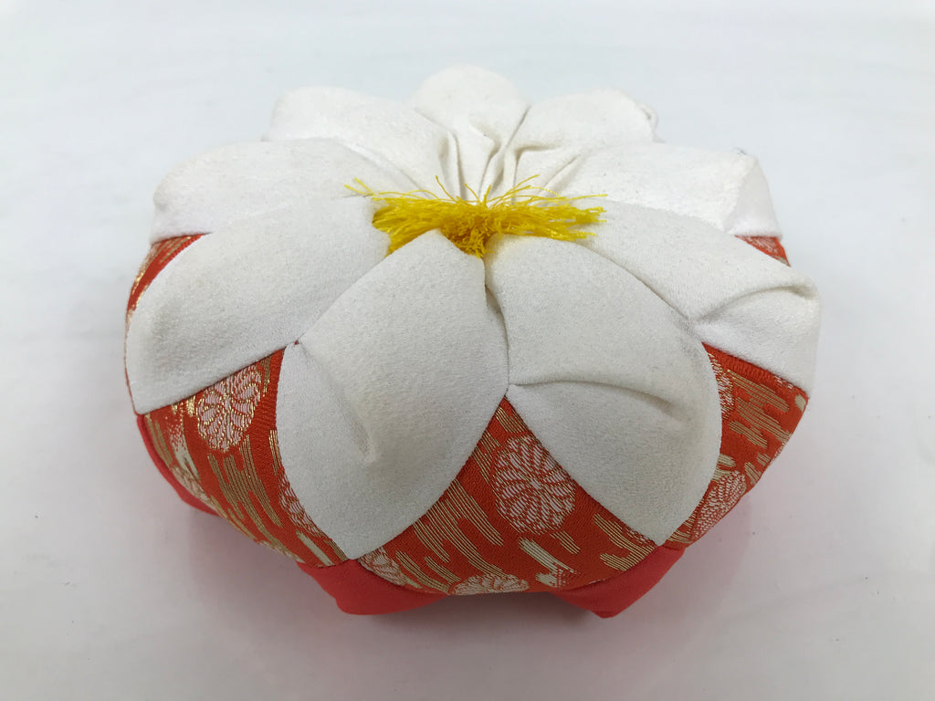 Japanese Buddhist Orin Bell Singing Bowl Fabric Pillow Floral Orange White BA888