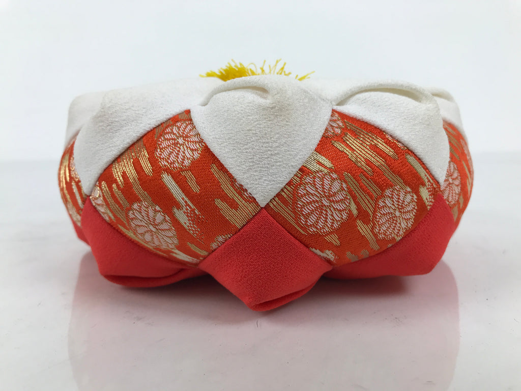 Japanese Buddhist Orin Bell Singing Bowl Fabric Pillow Floral Orange White BA888