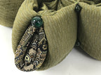 Japanese Buddhist Orin Bell Singing Bowl Fabric Pillow Green Flower Beads BA613