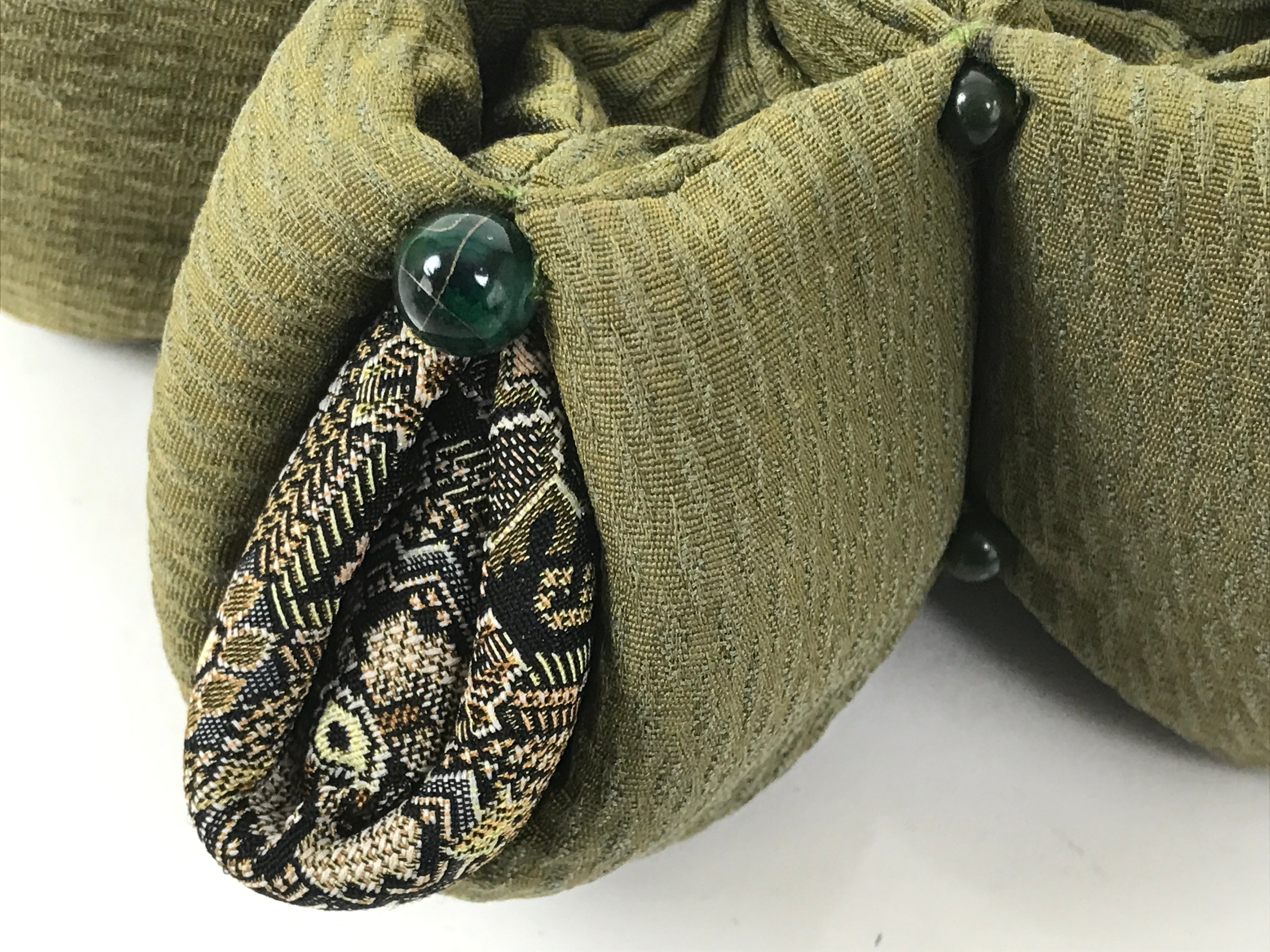 Japanese Buddhist Orin Bell Singing Bowl Fabric Pillow Green Flower Beads BA613