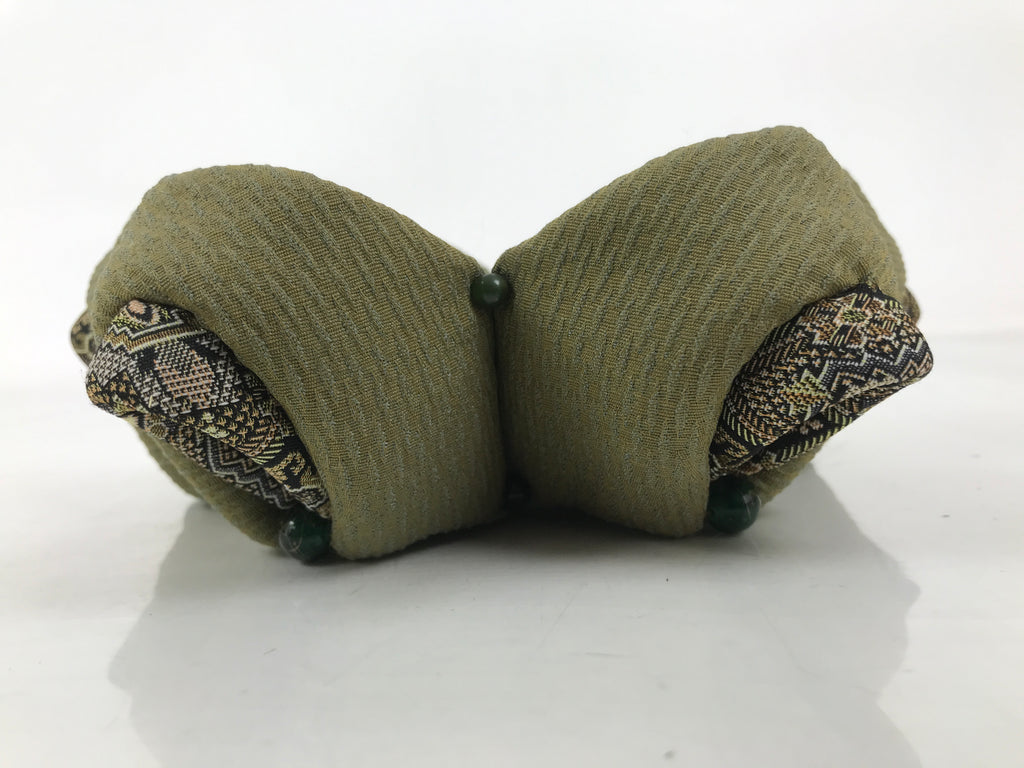 Japanese Buddhist Orin Bell Singing Bowl Fabric Pillow Green Flower Beads BA613