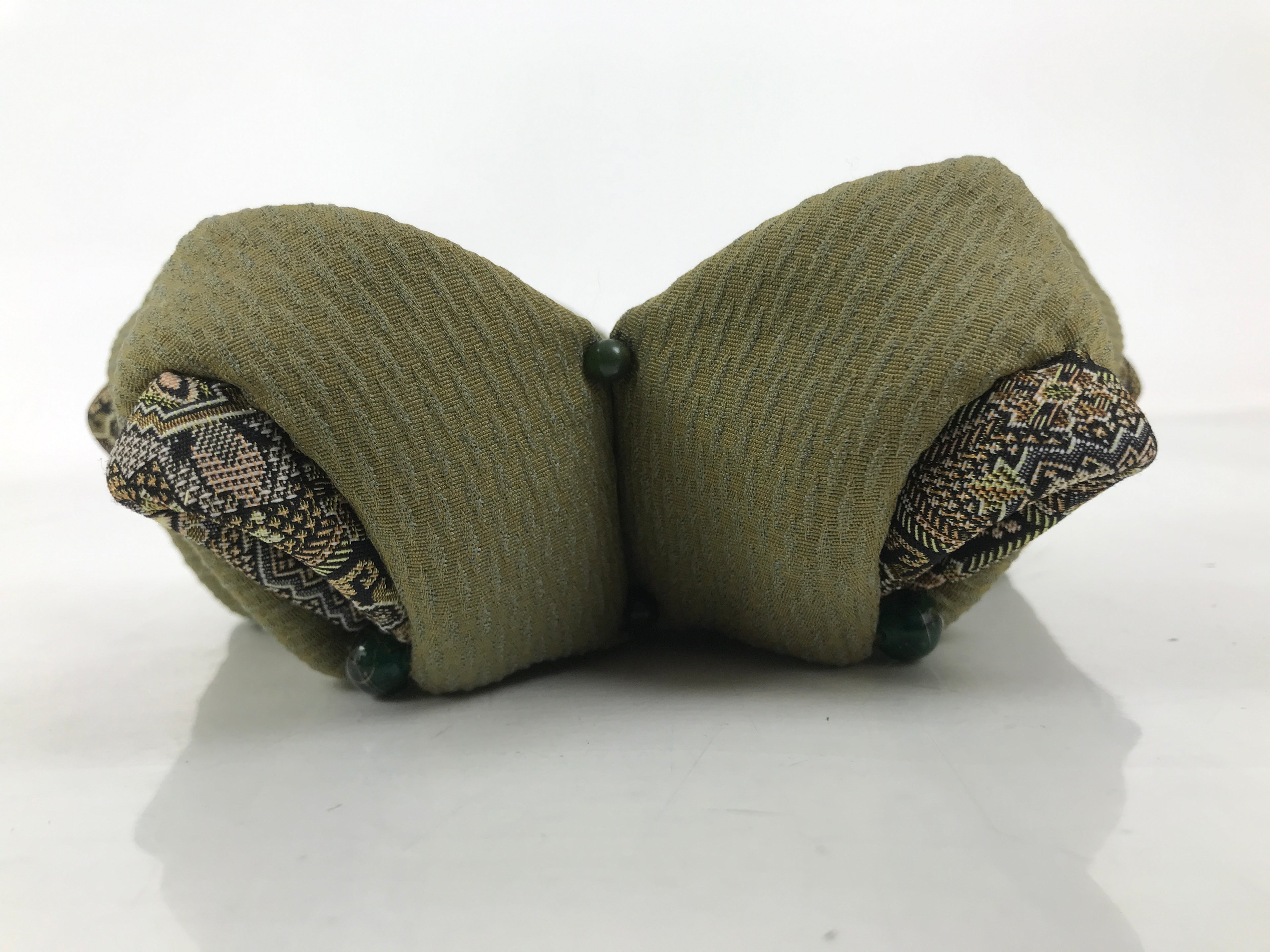 Japanese Buddhist Orin Bell Singing Bowl Fabric Pillow Green Flower Beads BA613