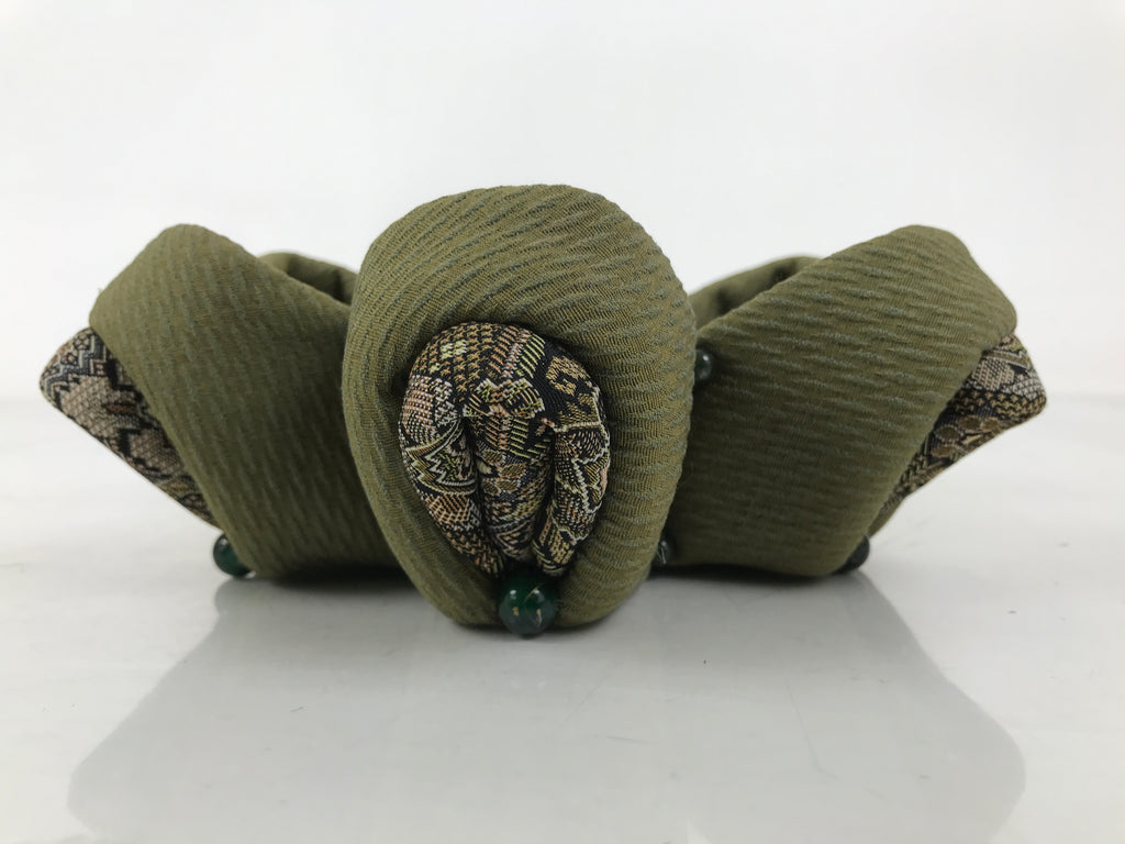Japanese Buddhist Orin Bell Singing Bowl Fabric Pillow Green Flower Beads BA613