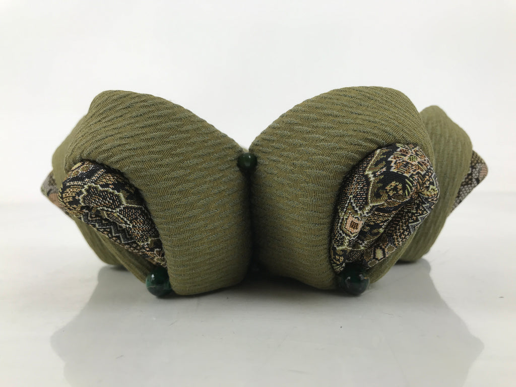 Japanese Buddhist Orin Bell Singing Bowl Fabric Pillow Green Flower Beads BA613