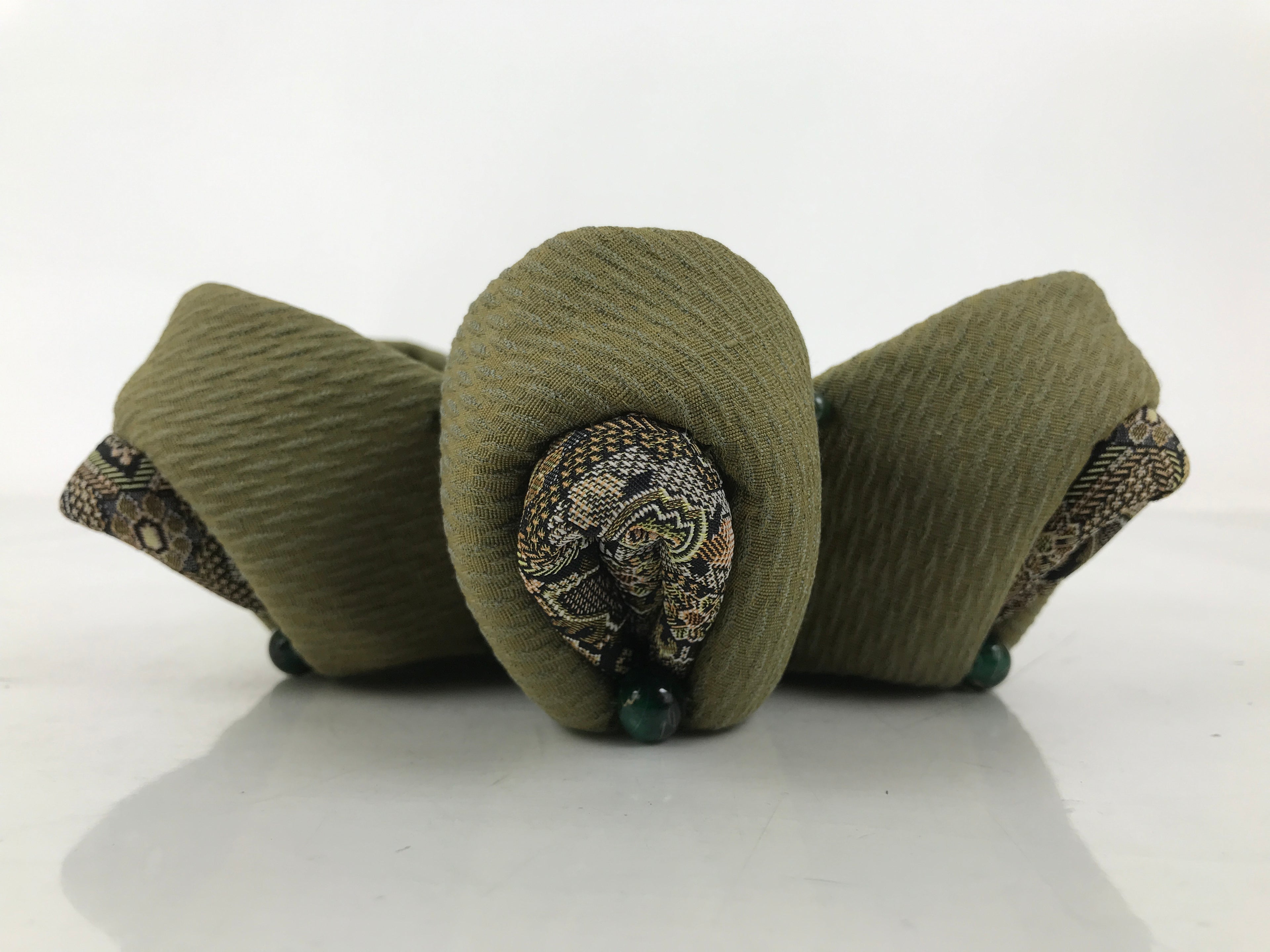 Japanese Buddhist Orin Bell Singing Bowl Fabric Pillow Green Flower Beads BA613