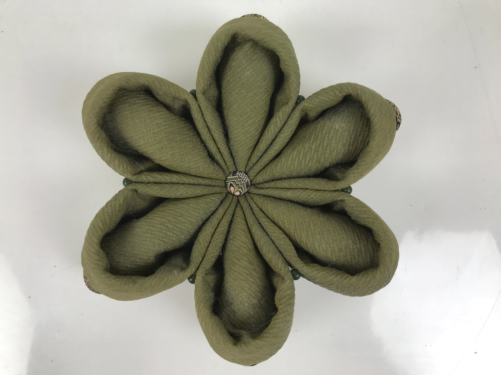 Japanese Buddhist Orin Bell Singing Bowl Fabric Pillow Green Flower Beads BA613
