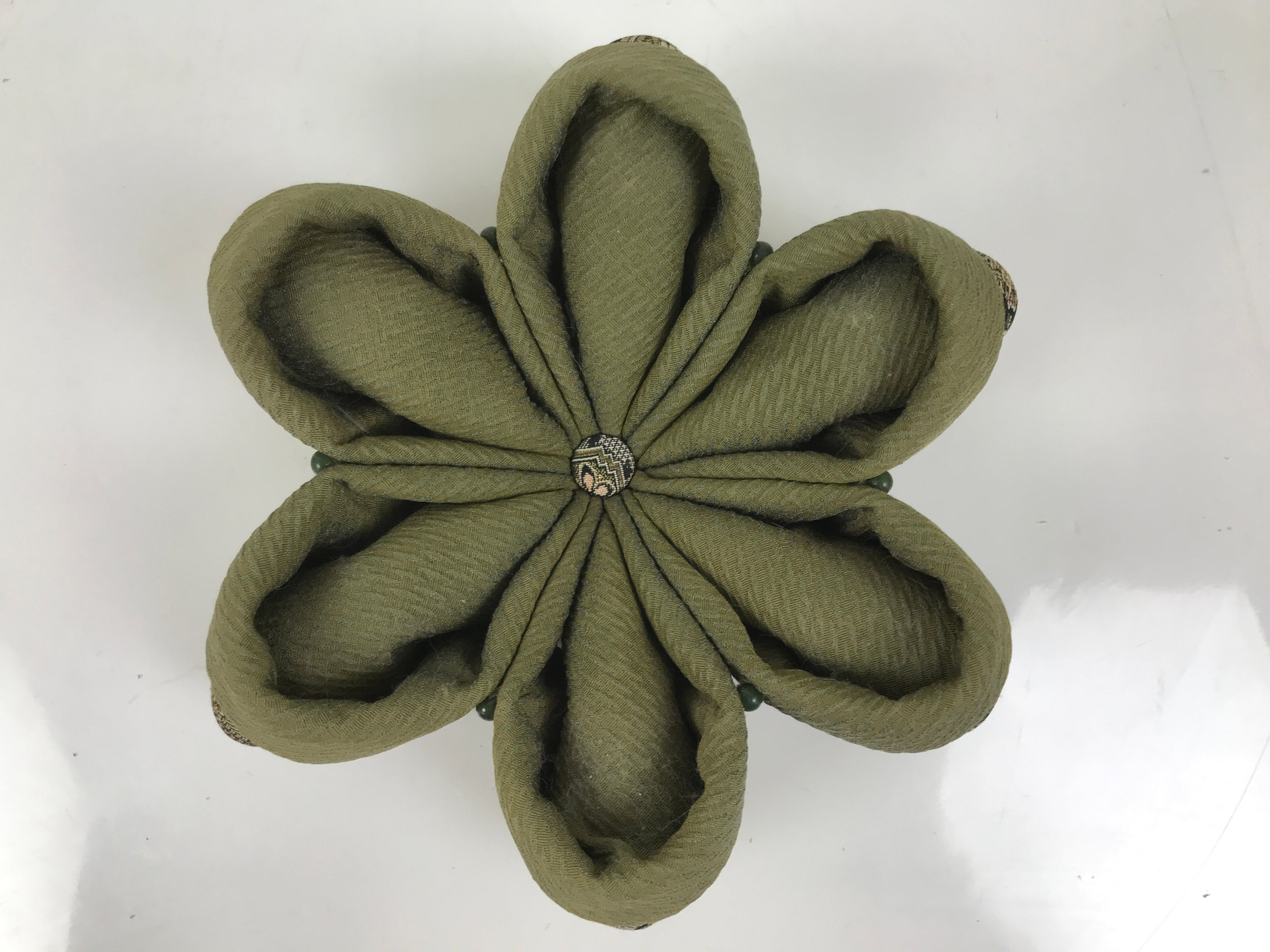 Japanese Buddhist Orin Bell Singing Bowl Fabric Pillow Green Flower Beads BA613