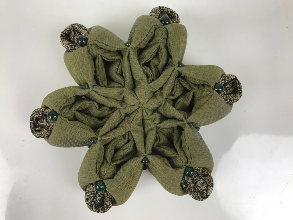 Japanese Buddhist Orin Bell Singing Bowl Fabric Pillow Green Flower Beads BA613