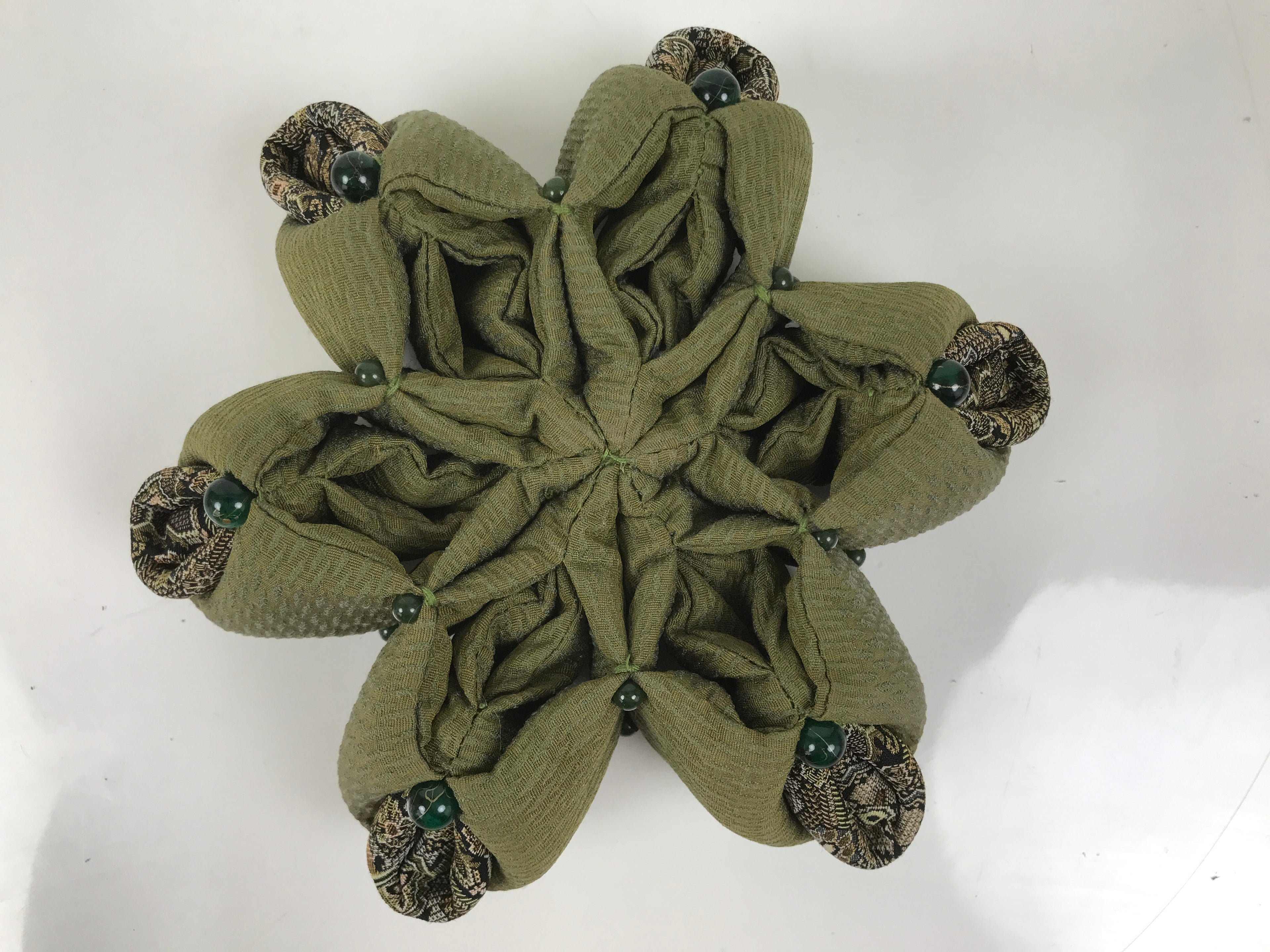 Japanese Buddhist Orin Bell Singing Bowl Fabric Pillow Green Flower Beads BA613