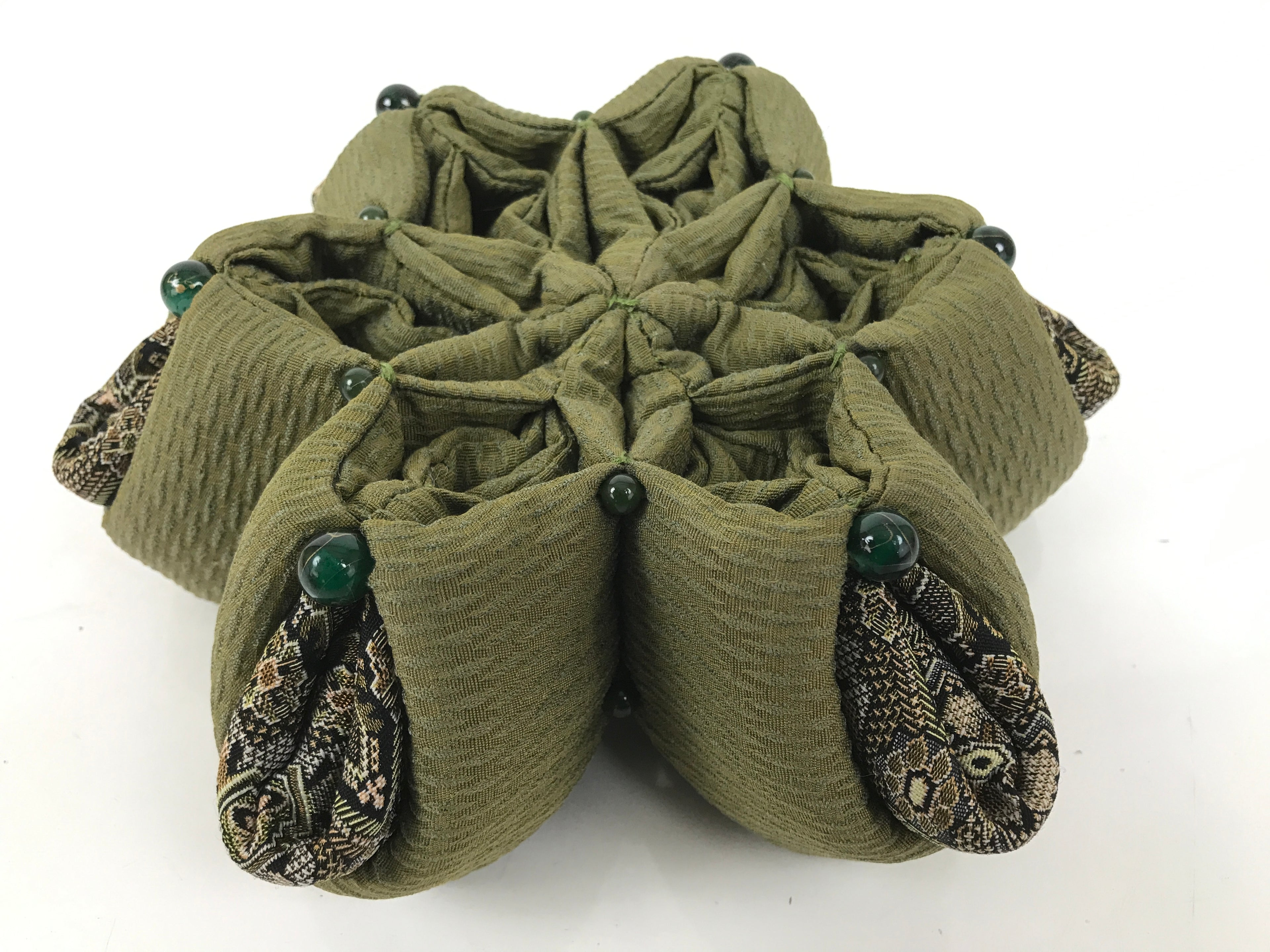 Japanese Buddhist Orin Bell Singing Bowl Fabric Pillow Green Flower Beads BA613