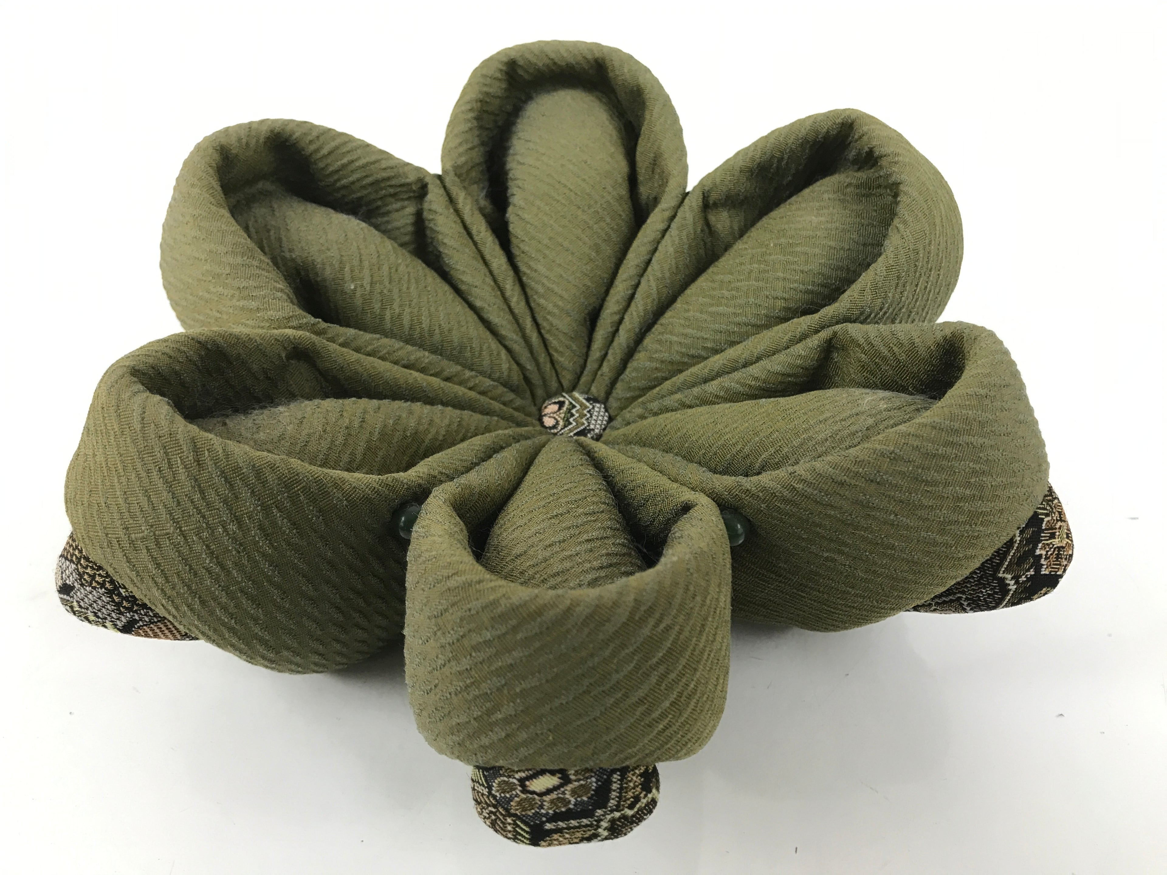 Japanese Buddhist Orin Bell Singing Bowl Fabric Pillow Green Flower Beads BA613