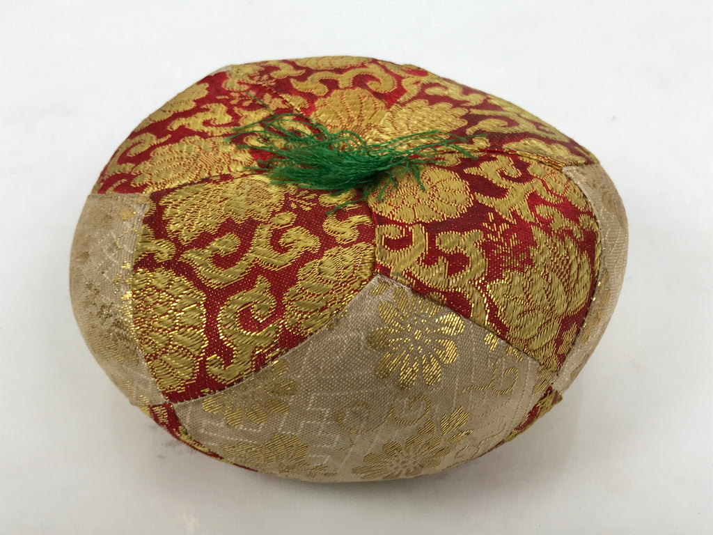 Japanese Buddhist Orin Bell Singing Bowl Fabric Pillow Vtg Beige Red Gold BA891