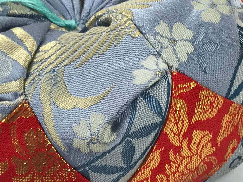 Japanese Buddhist Orin Bell Singing Bowl Fabric Pillow Vtg Blue Red Floral BA552