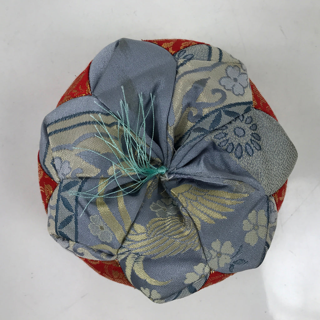 Japanese Buddhist Orin Bell Singing Bowl Fabric Pillow Vtg Blue Red Floral BA552
