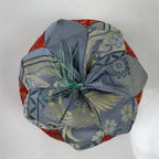 Japanese Buddhist Orin Bell Singing Bowl Fabric Pillow Vtg Blue Red Floral BA552