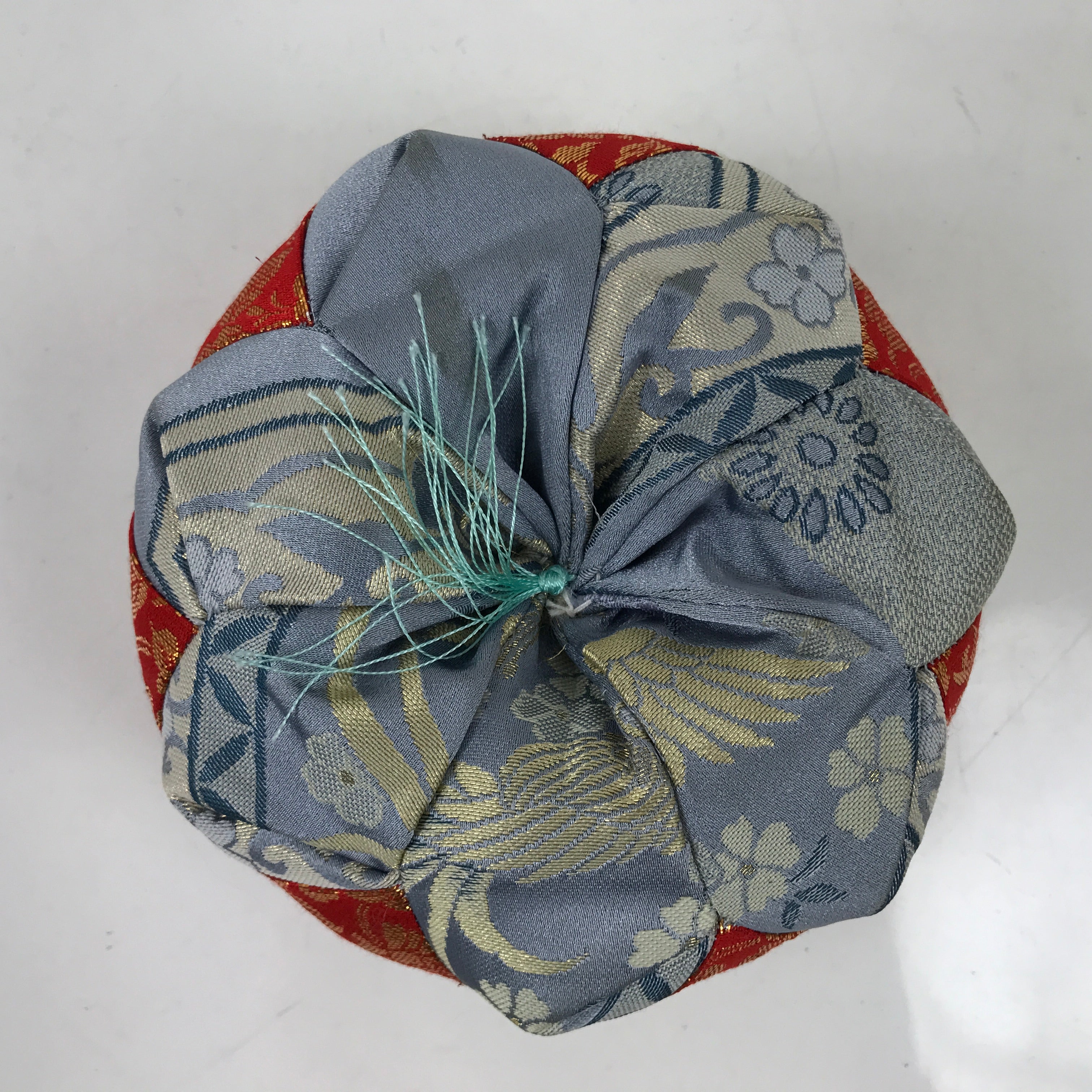 Japanese Buddhist Orin Bell Singing Bowl Fabric Pillow Vtg Blue Red Floral BA552