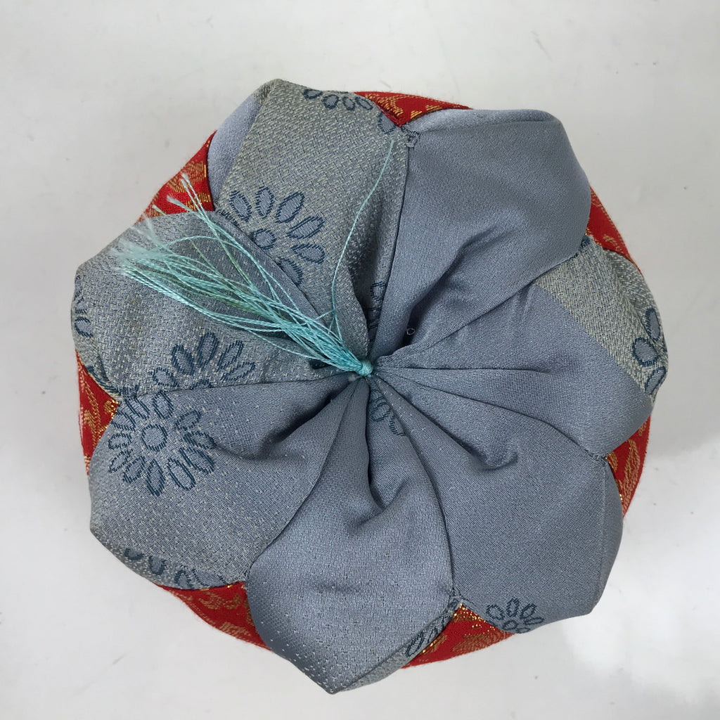 Japanese Buddhist Orin Bell Singing Bowl Fabric Pillow Vtg Blue Red Floral BA552