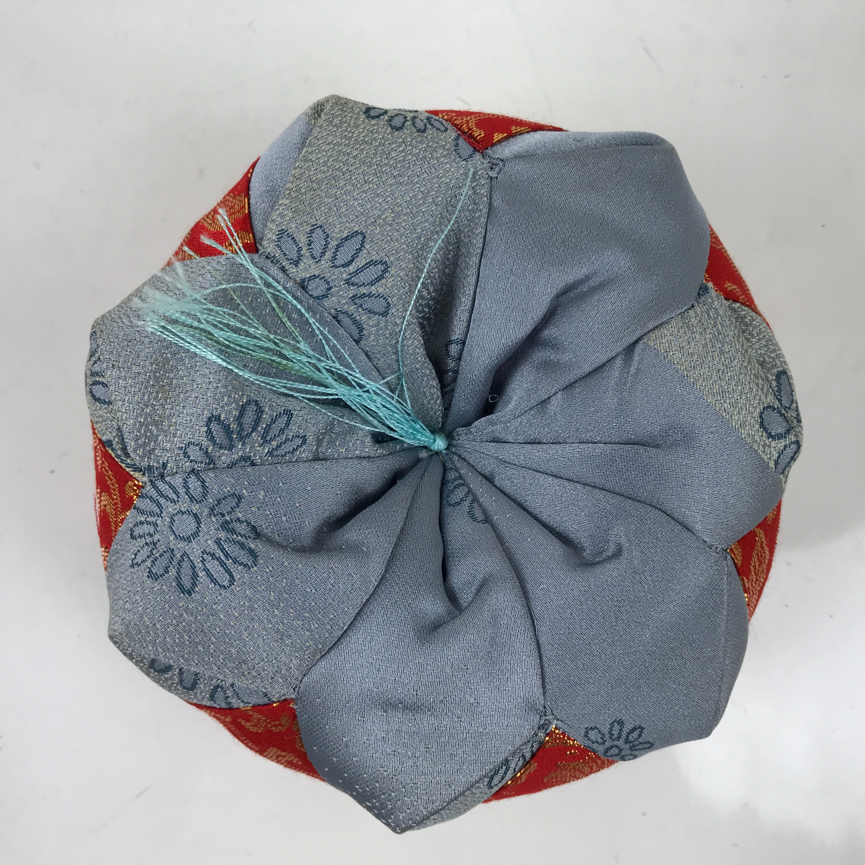 Japanese Buddhist Orin Bell Singing Bowl Fabric Pillow Vtg Blue Red Floral BA552