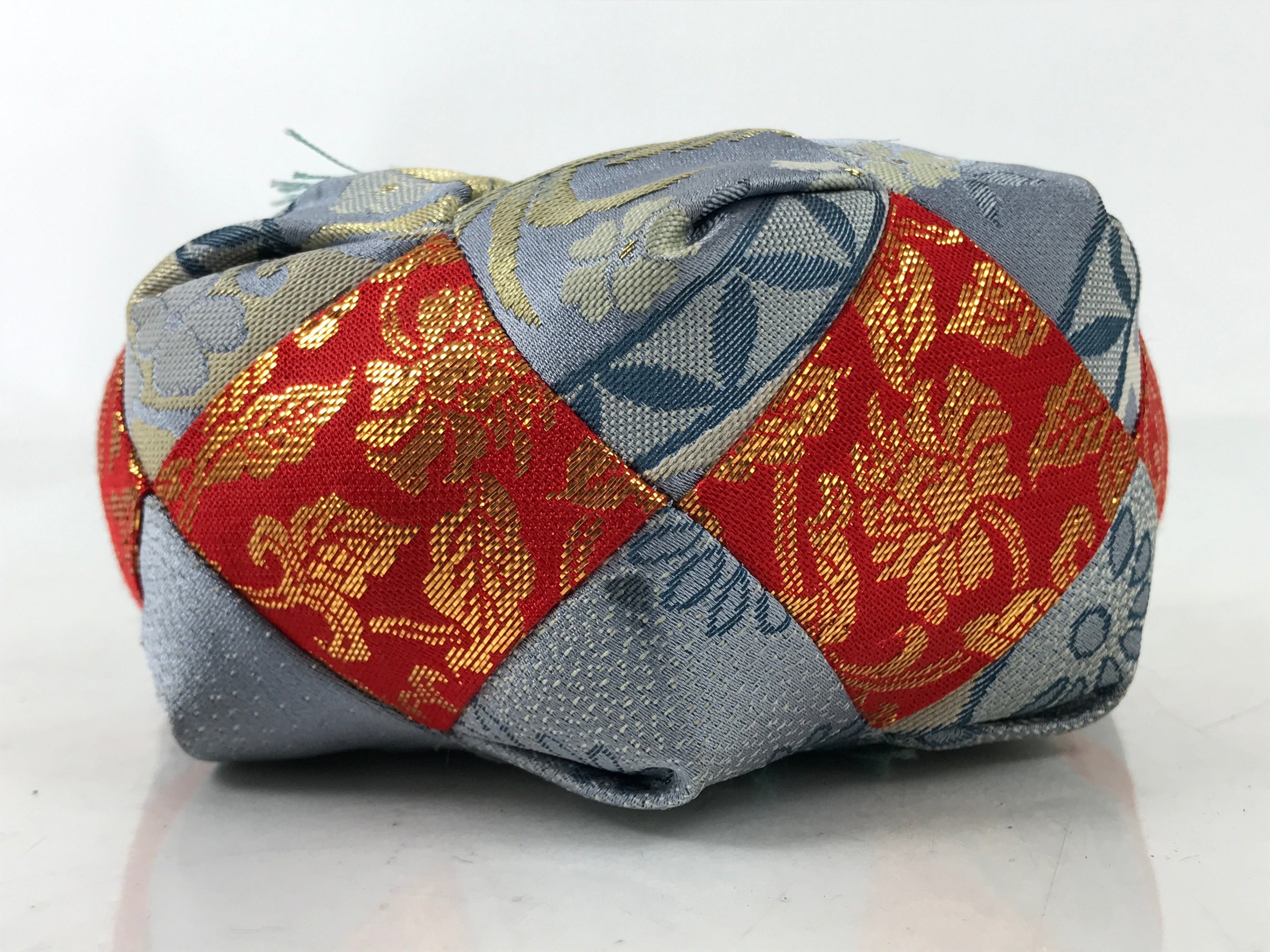 Japanese Buddhist Orin Bell Singing Bowl Fabric Pillow Vtg Blue Red Floral BA552