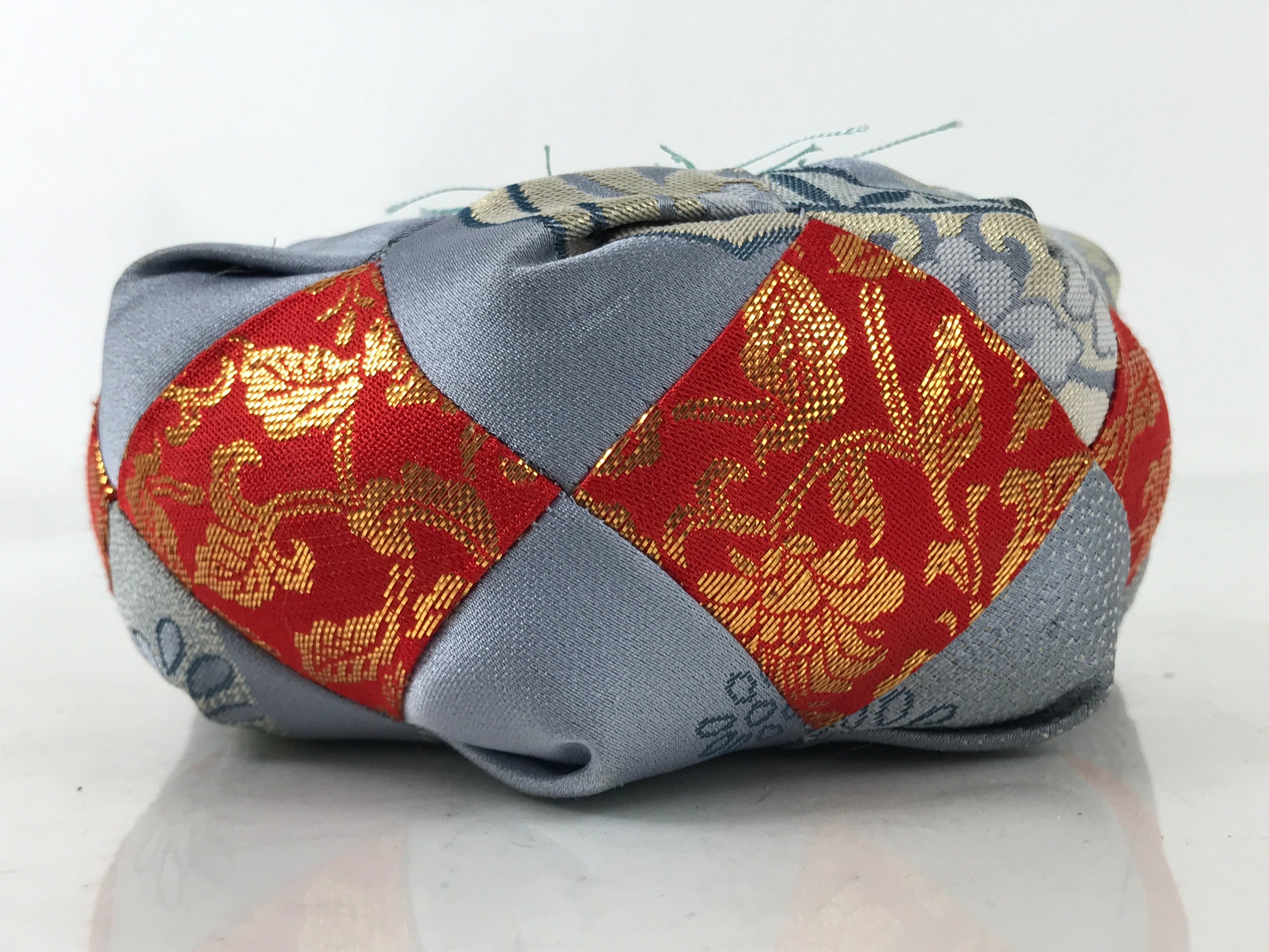Japanese Buddhist Orin Bell Singing Bowl Fabric Pillow Vtg Blue Red Floral BA552