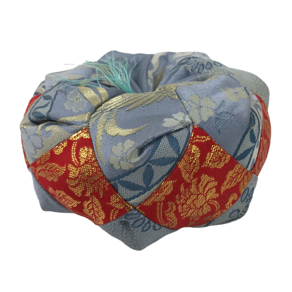 Japanese Buddhist Orin Bell Singing Bowl Fabric Pillow Vtg Blue Red Floral BA552
