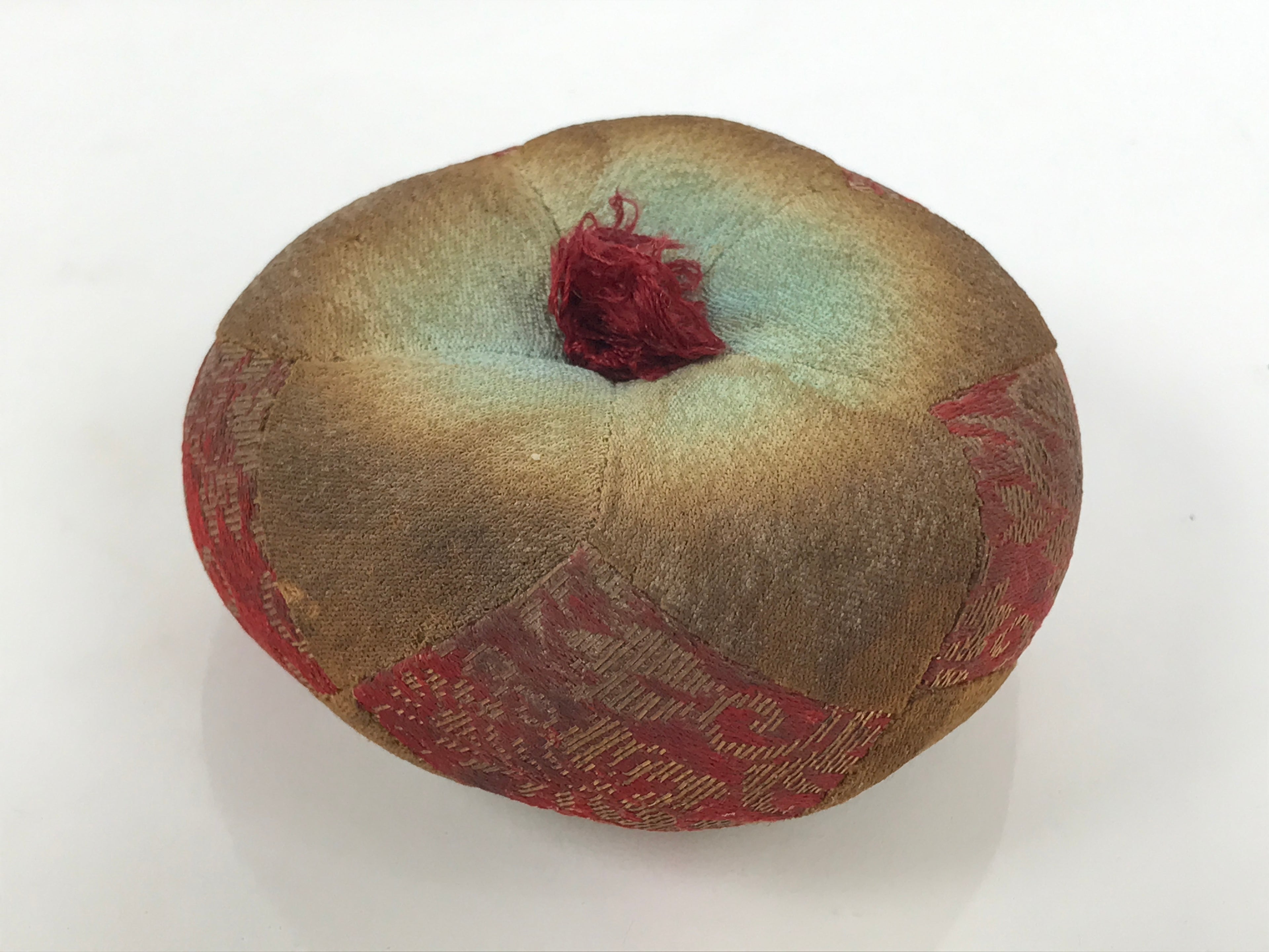 Japanese Buddhist Orin Bell Singing Bowl Fabric Pillow Vtg Blue Red Gold BA895