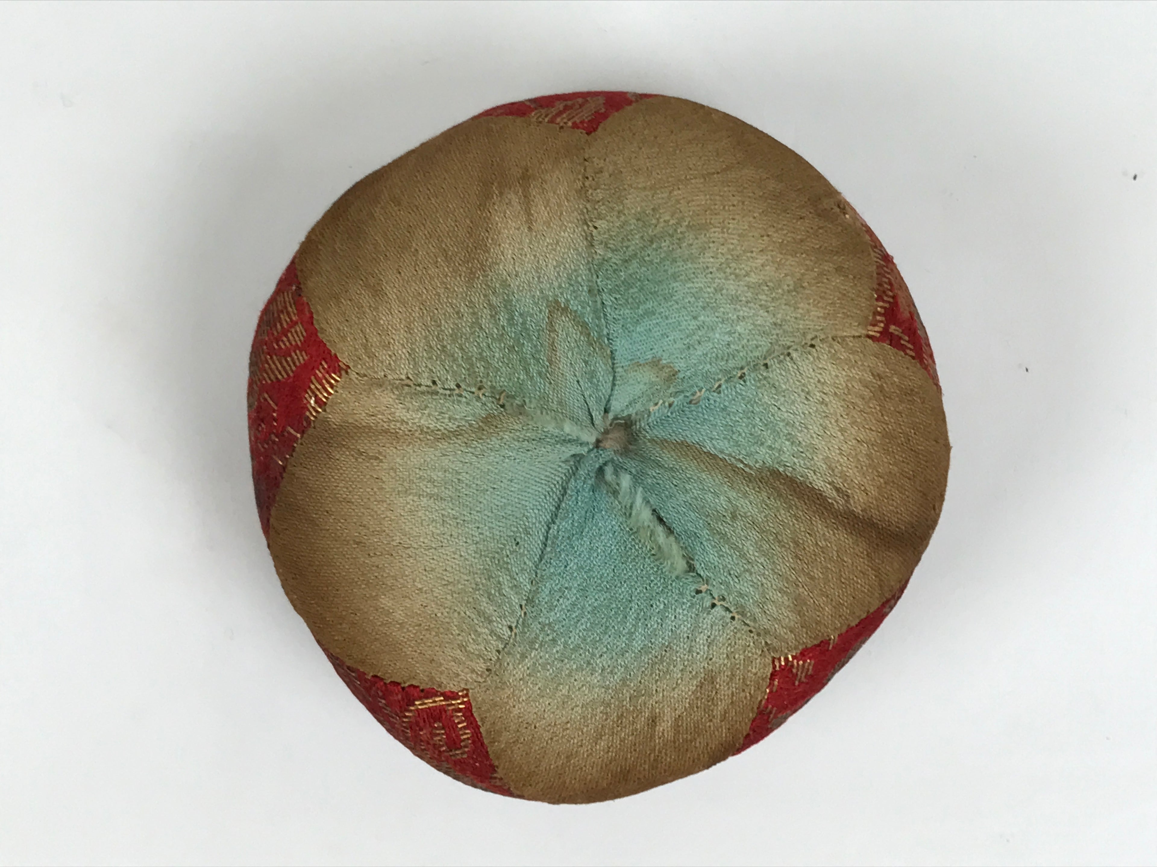 Japanese Buddhist Orin Bell Singing Bowl Fabric Pillow Vtg Blue Red Gold BA895