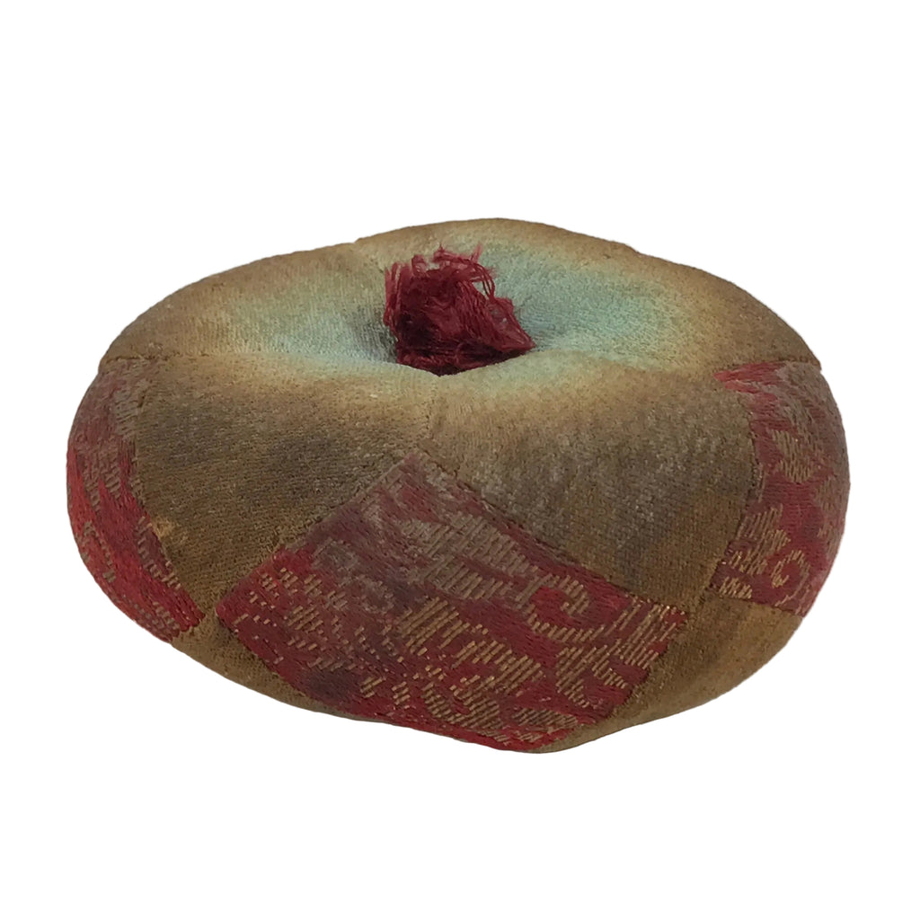 Japanese Buddhist Orin Bell Singing Bowl Fabric Pillow Vtg Blue Red Gold BA895