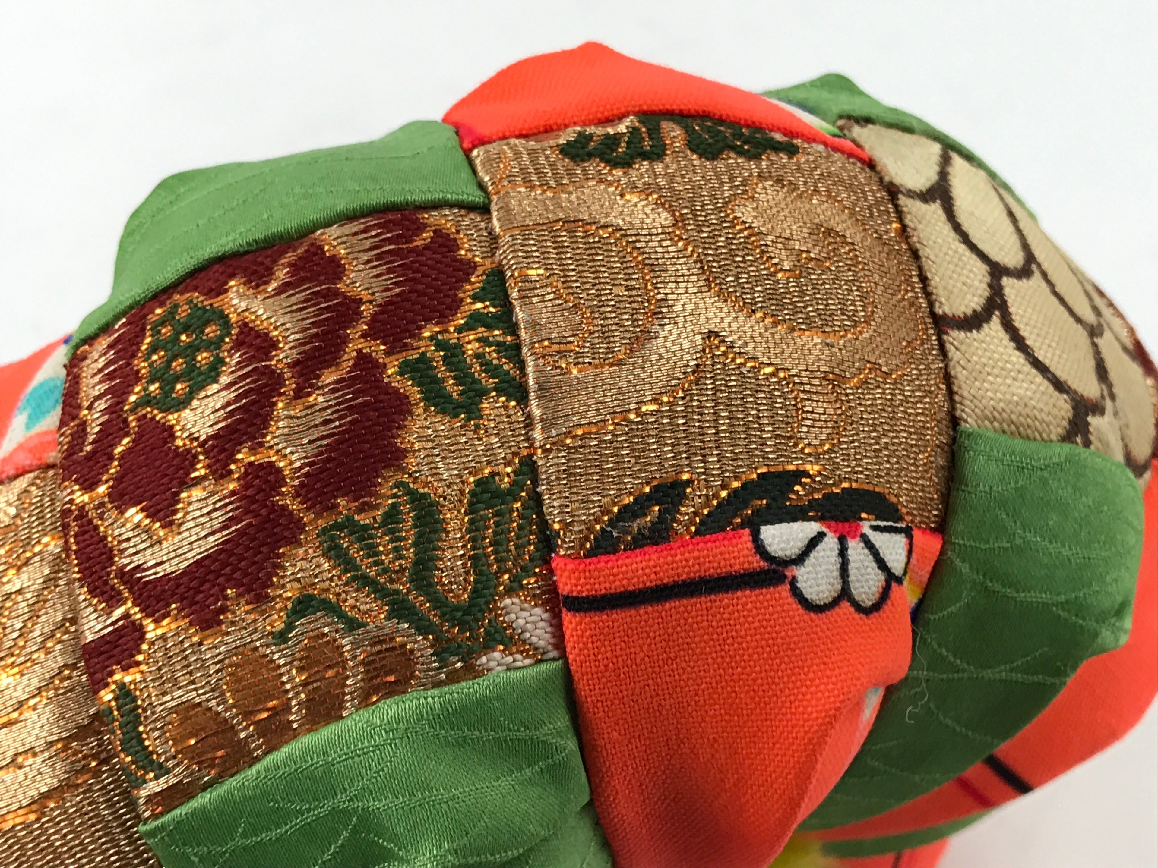 Japanese Buddhist Orin Bell Singing Bowl Fabric Pillow Vtg Green Orange BA548