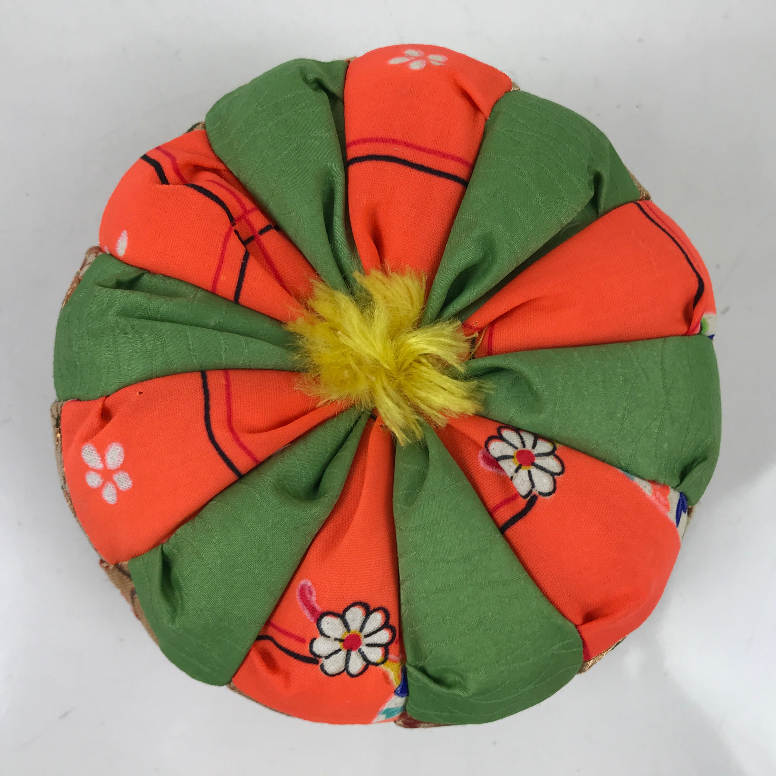 Japanese Buddhist Orin Bell Singing Bowl Fabric Pillow Vtg Green Orange BA548