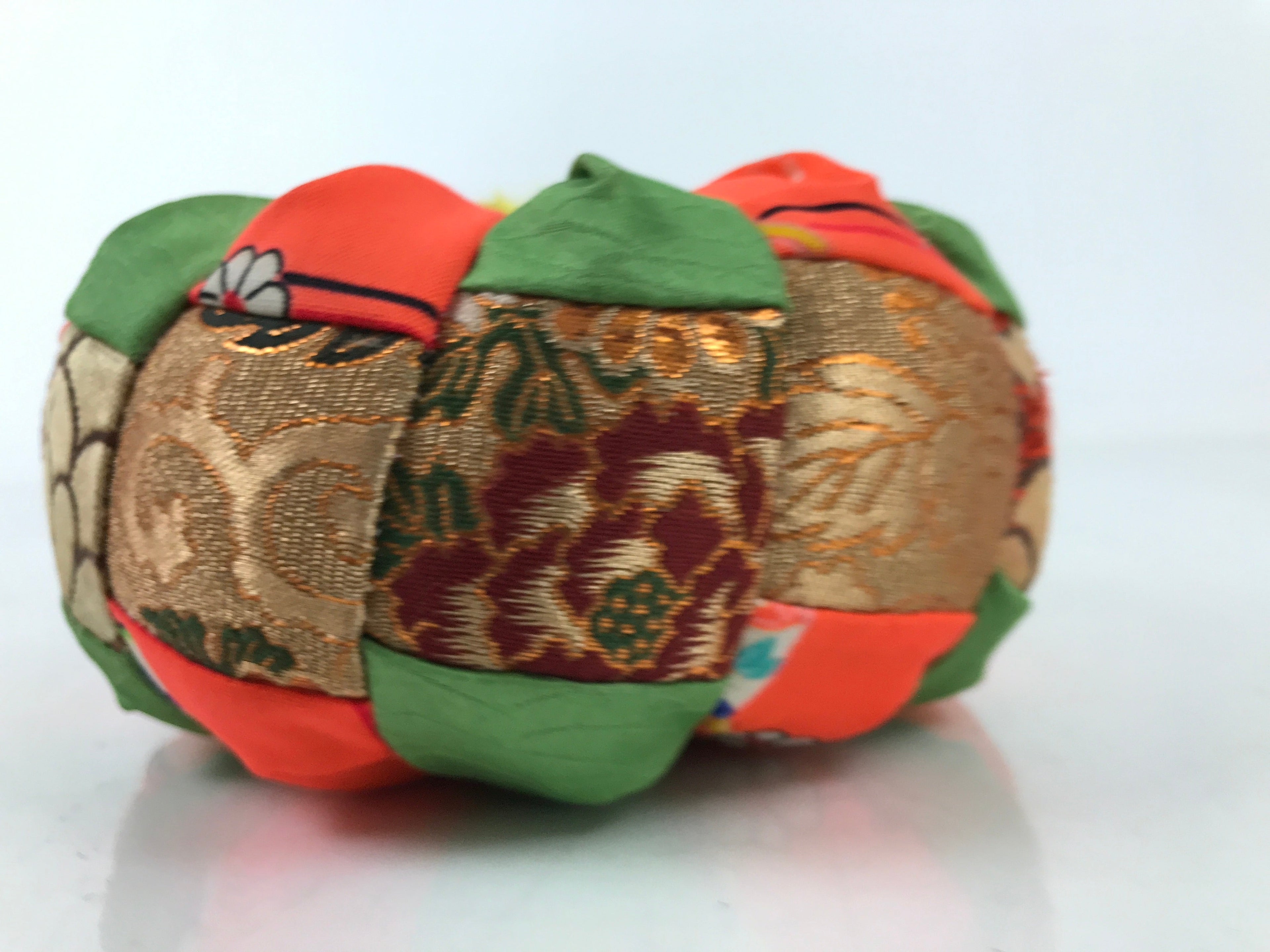 Japanese Buddhist Orin Bell Singing Bowl Fabric Pillow Vtg Green Orange BA548