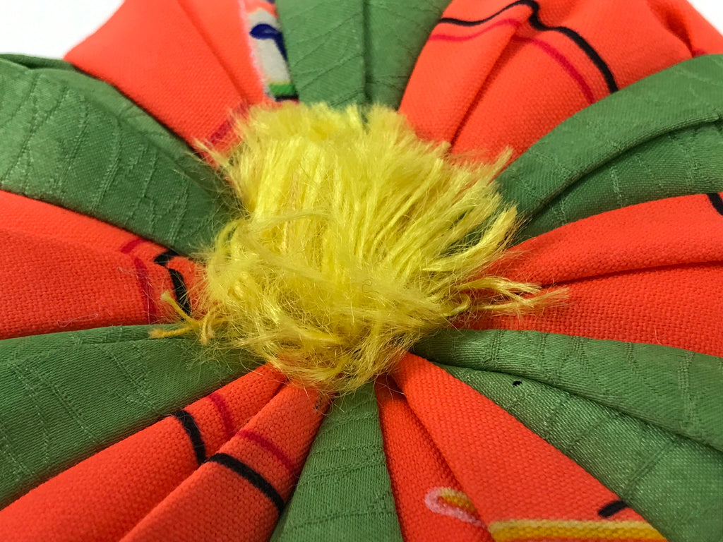 Japanese Buddhist Orin Bell Singing Bowl Fabric Pillow Vtg Green Orange BA548