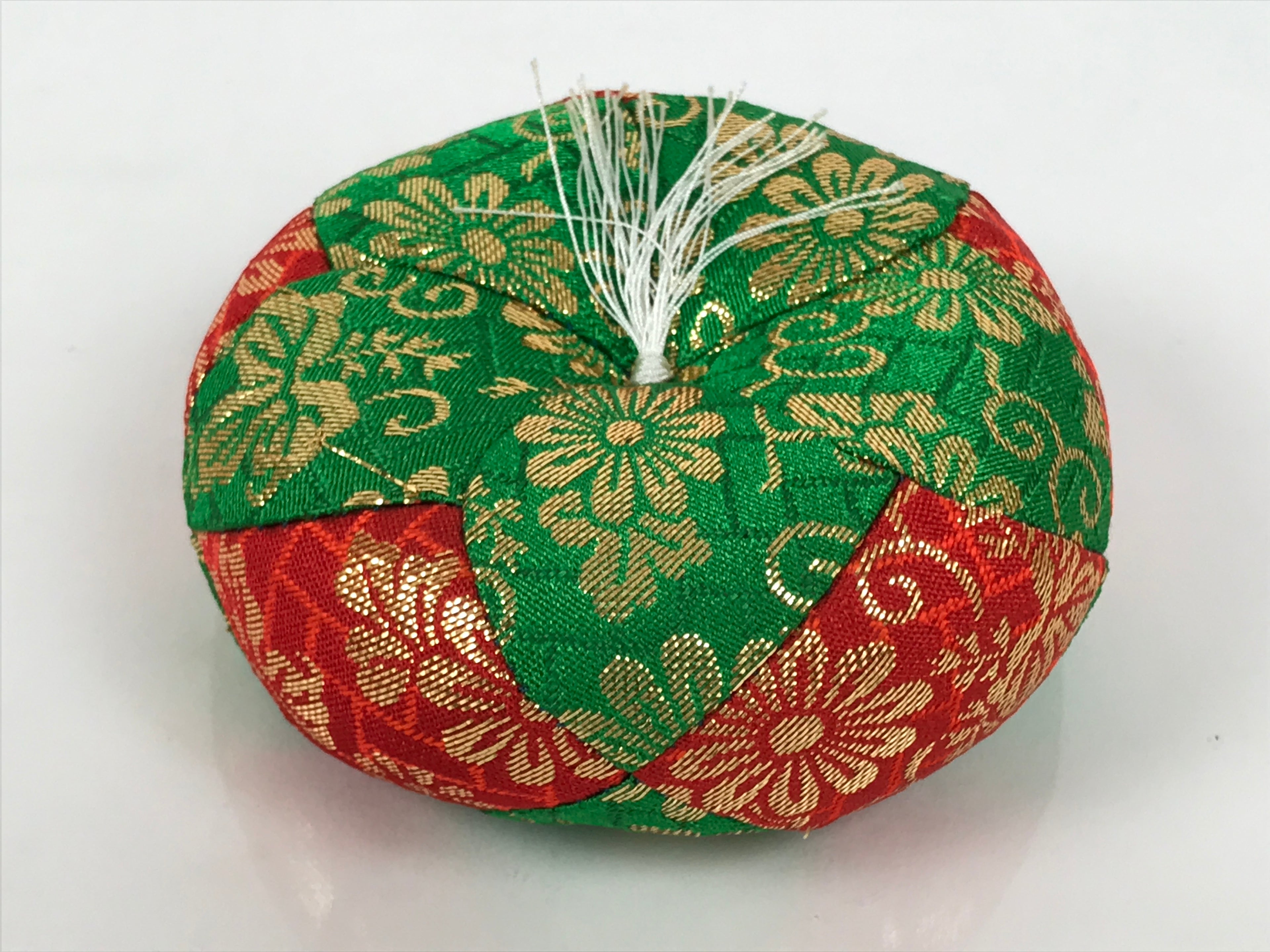Japanese Buddhist Orin Bell Singing Bowl Fabric Pillow Vtg Green Red Gold BA893