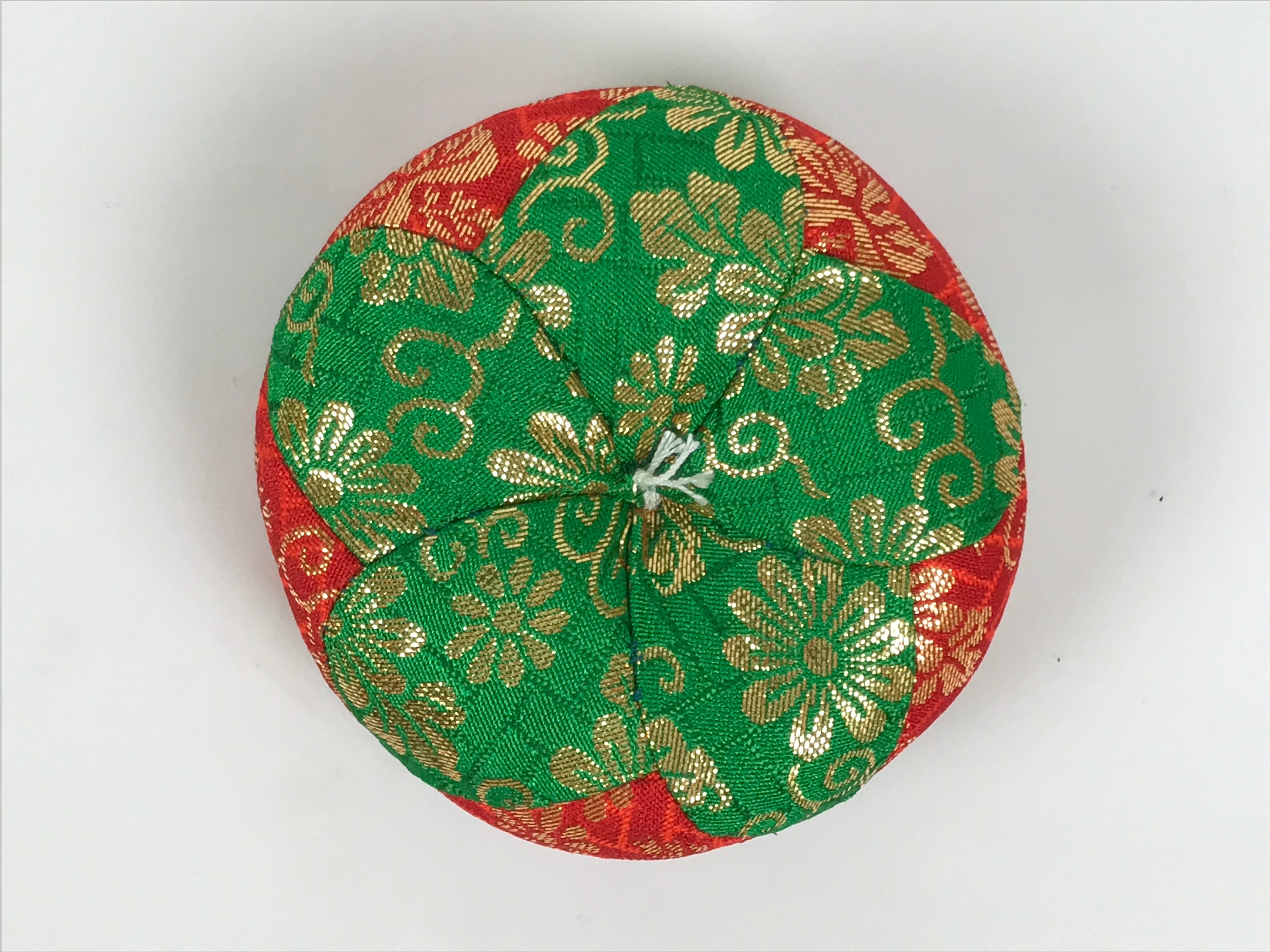 Japanese Buddhist Orin Bell Singing Bowl Fabric Pillow Vtg Green Red Gold BA893
