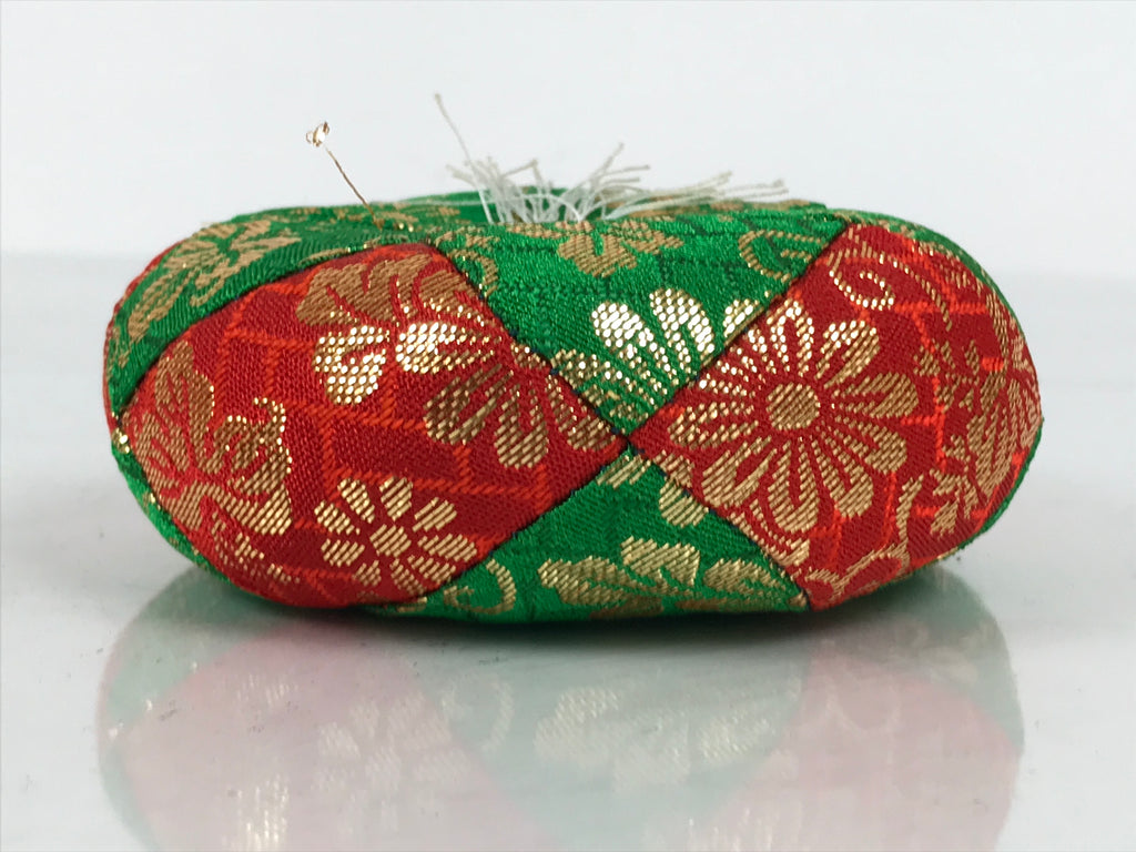 Japanese Buddhist Orin Bell Singing Bowl Fabric Pillow Vtg Green Red Gold BA893