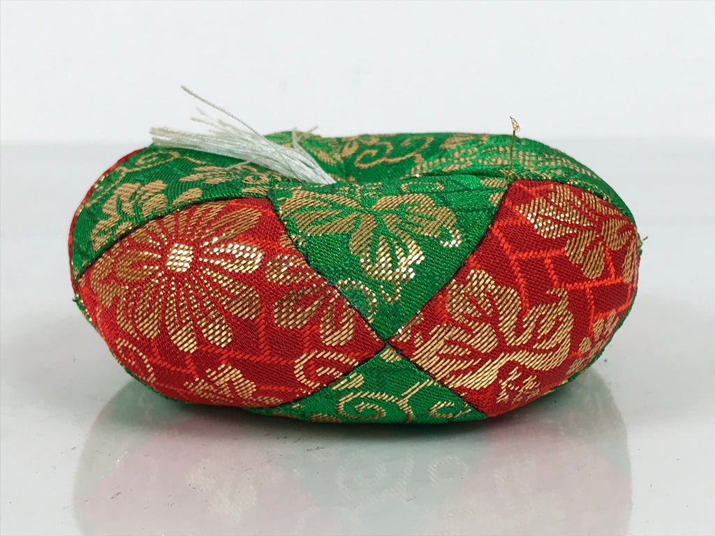 Japanese Buddhist Orin Bell Singing Bowl Fabric Pillow Vtg Green Red Gold BA893