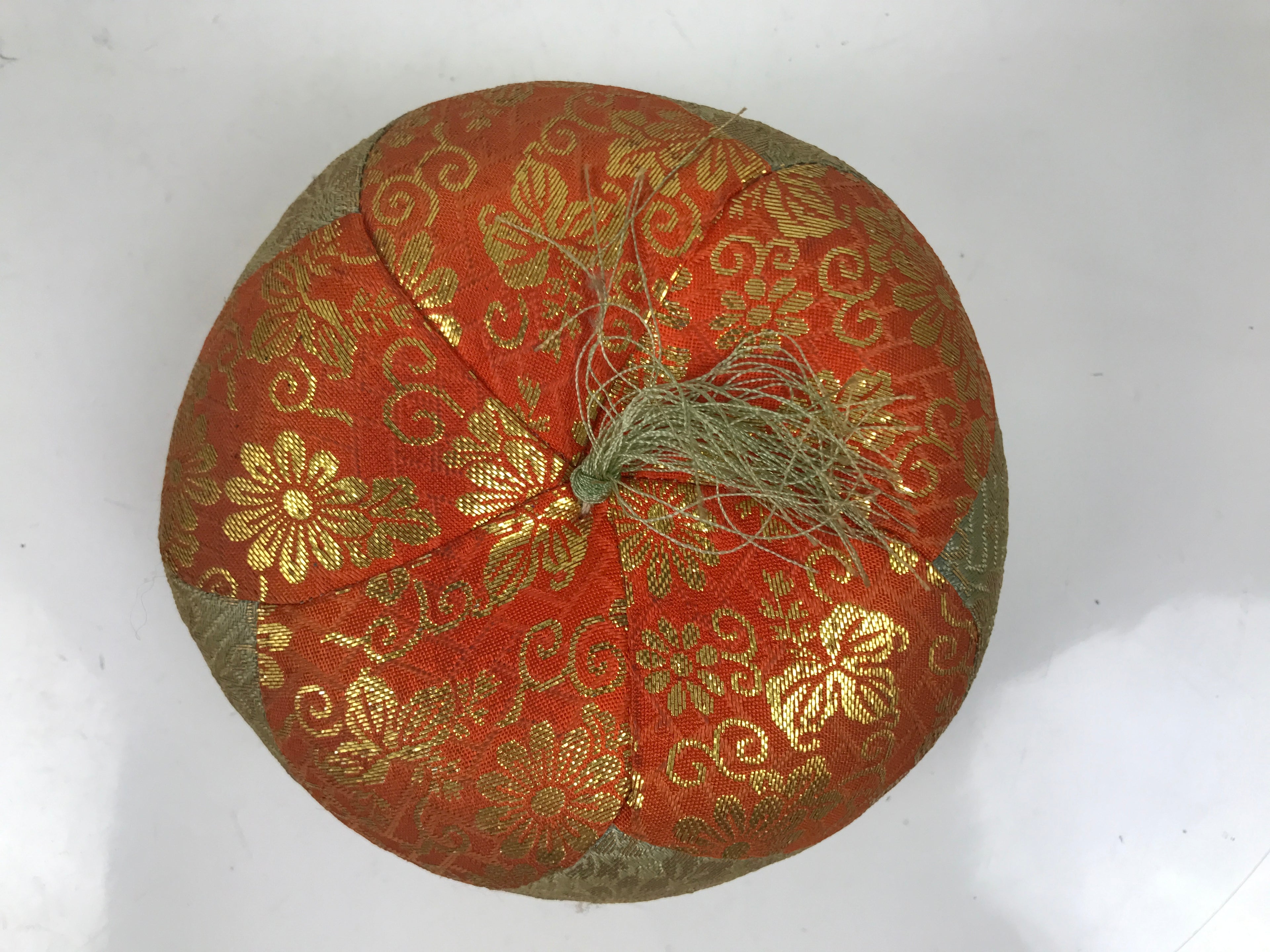 Japanese Buddhist Orin Bell Singing Bowl Fabric Pillow Vtg Orange Gold BA729