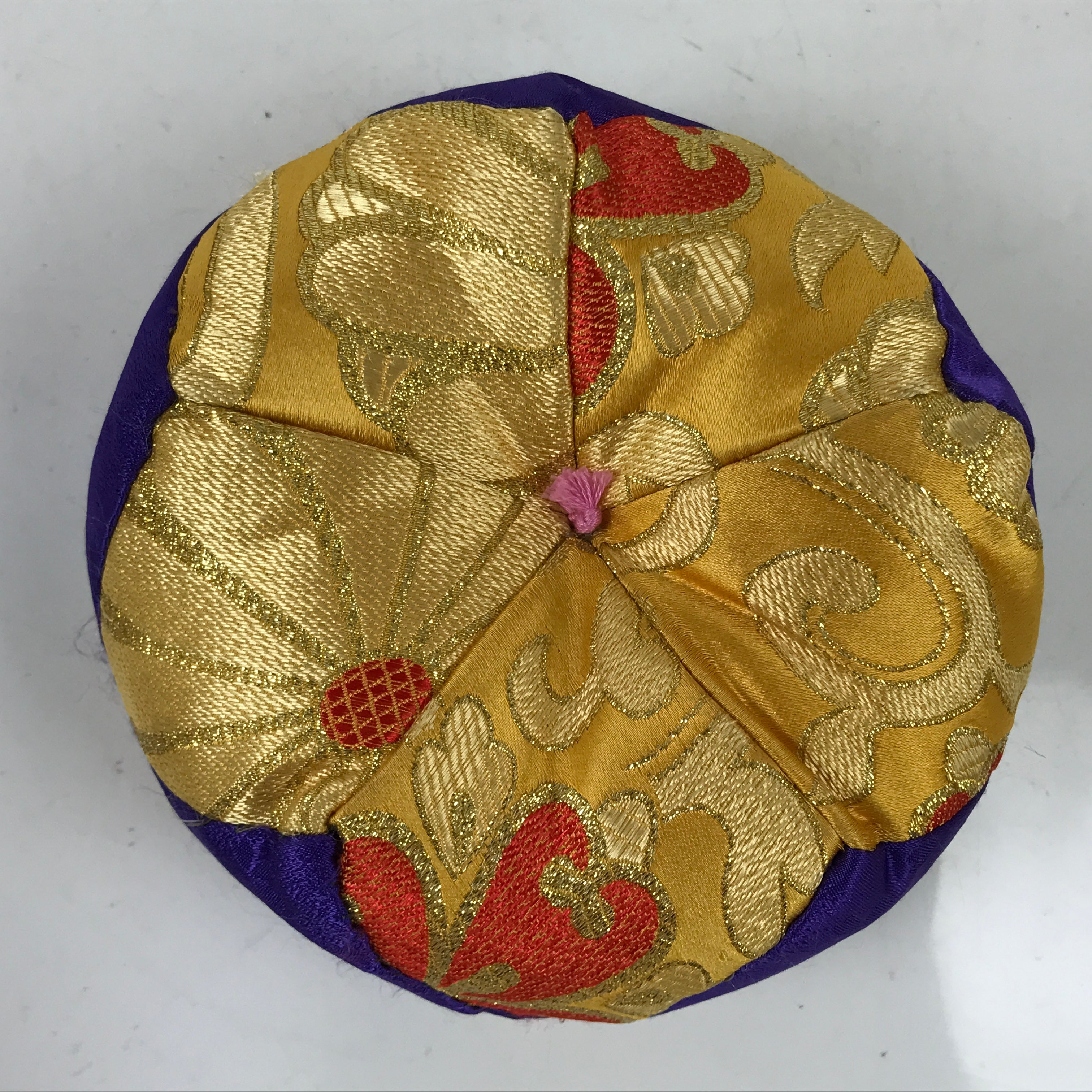 Japanese Buddhist Orin Bell Singing Bowl Fabric Pillow Vtg Purple Gold BA542
