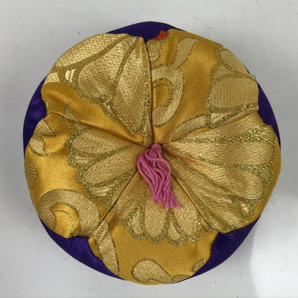Japanese Buddhist Orin Bell Singing Bowl Fabric Pillow Vtg Purple Gold BA542