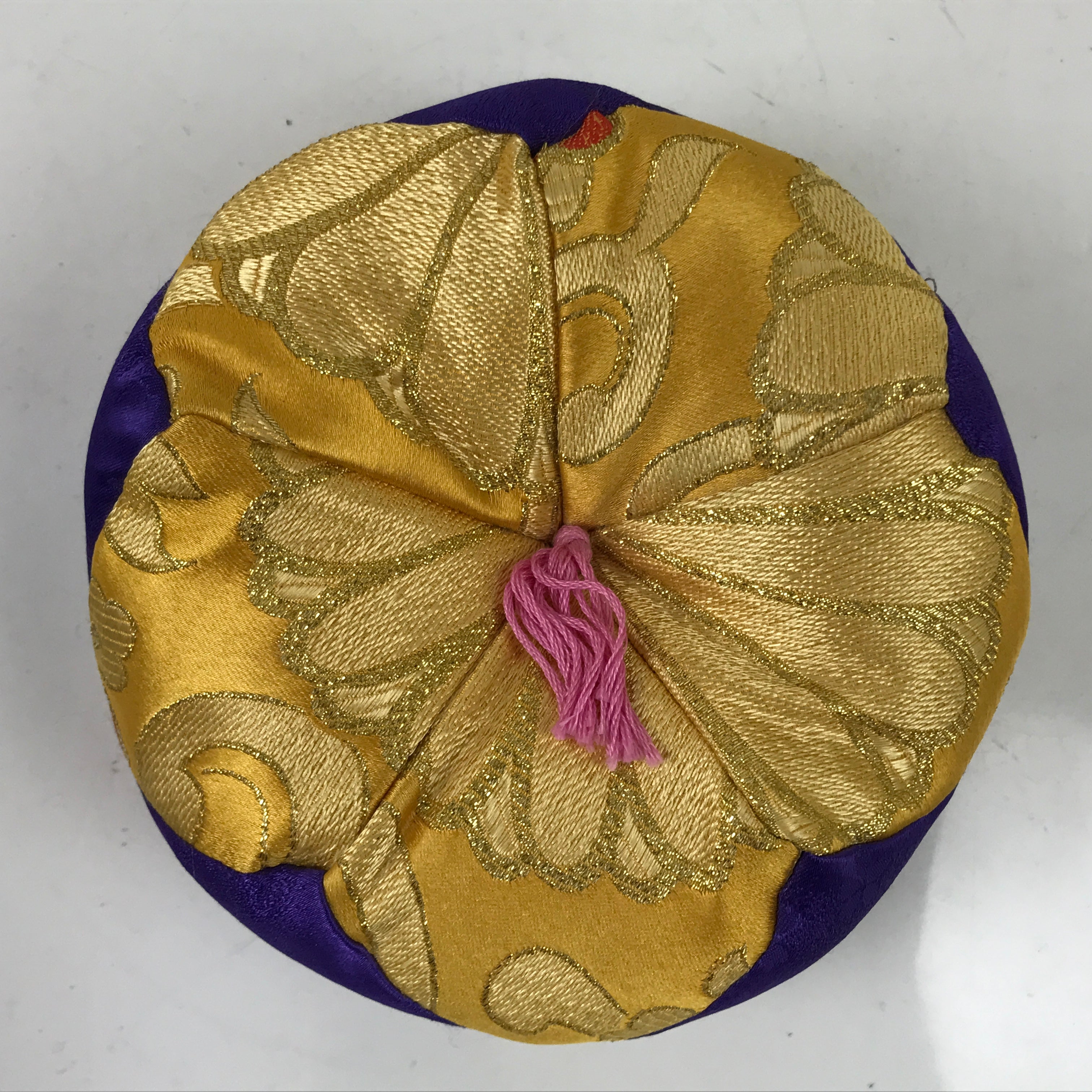 Japanese Buddhist Orin Bell Singing Bowl Fabric Pillow Vtg Purple Gold BA542