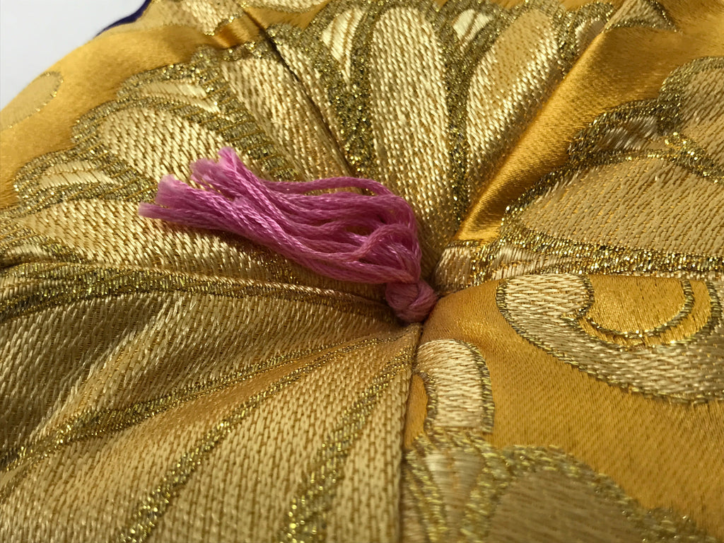 Japanese Buddhist Orin Bell Singing Bowl Fabric Pillow Vtg Purple Gold BA542