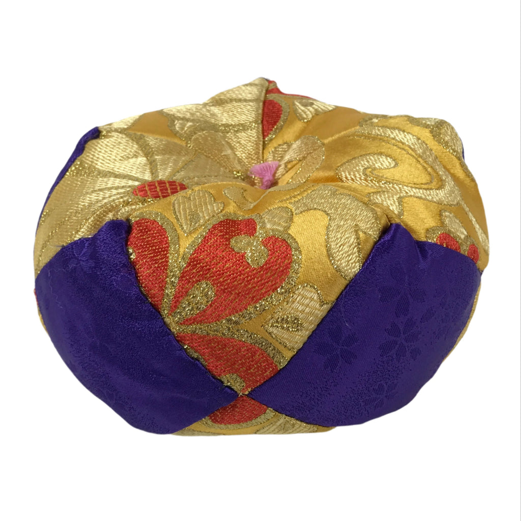 Japanese Buddhist Orin Bell Singing Bowl Fabric Pillow Vtg Purple Gold BA542