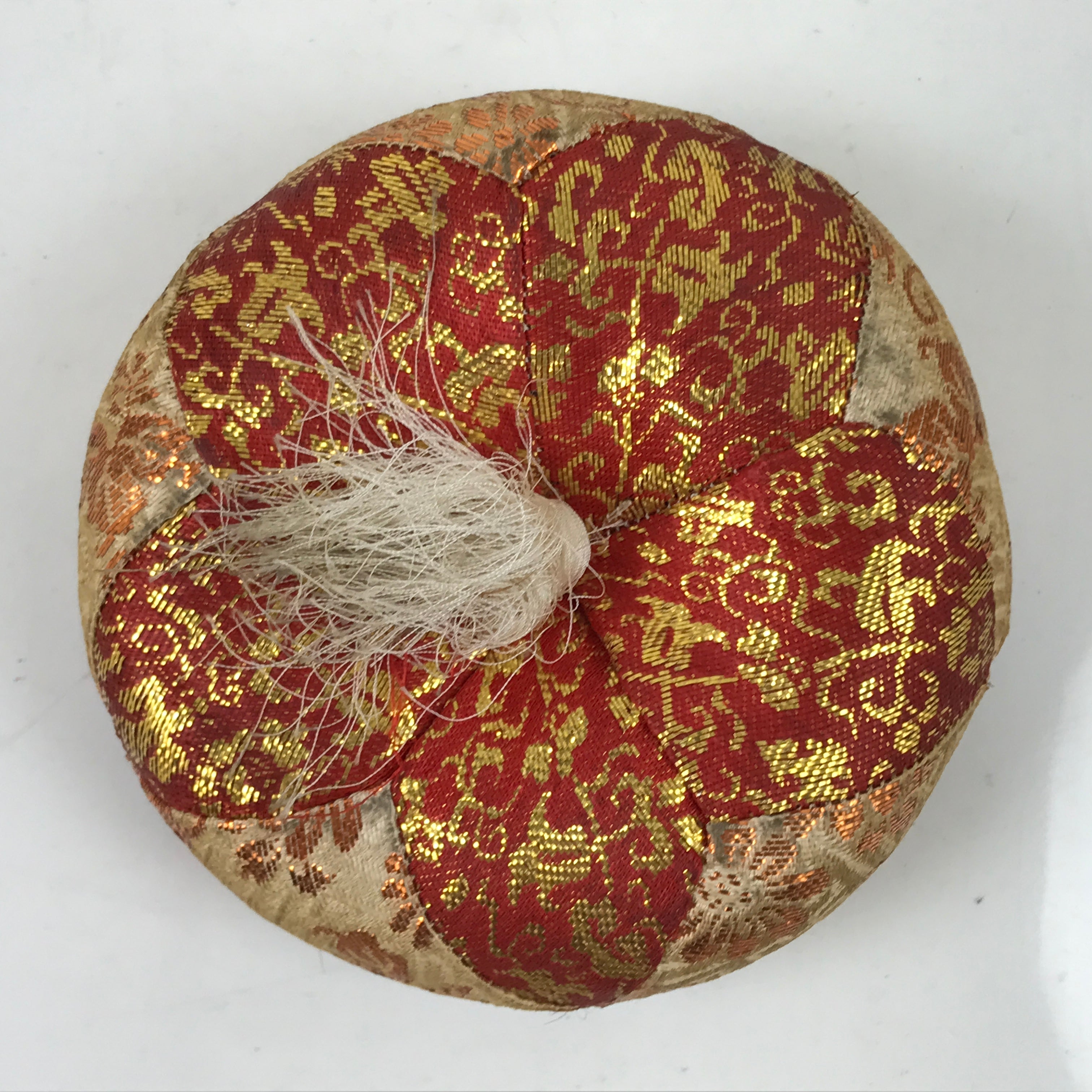 Japanese Buddhist Orin Bell Singing Bowl Fabric Pillow Vtg Small Red Gold BA560