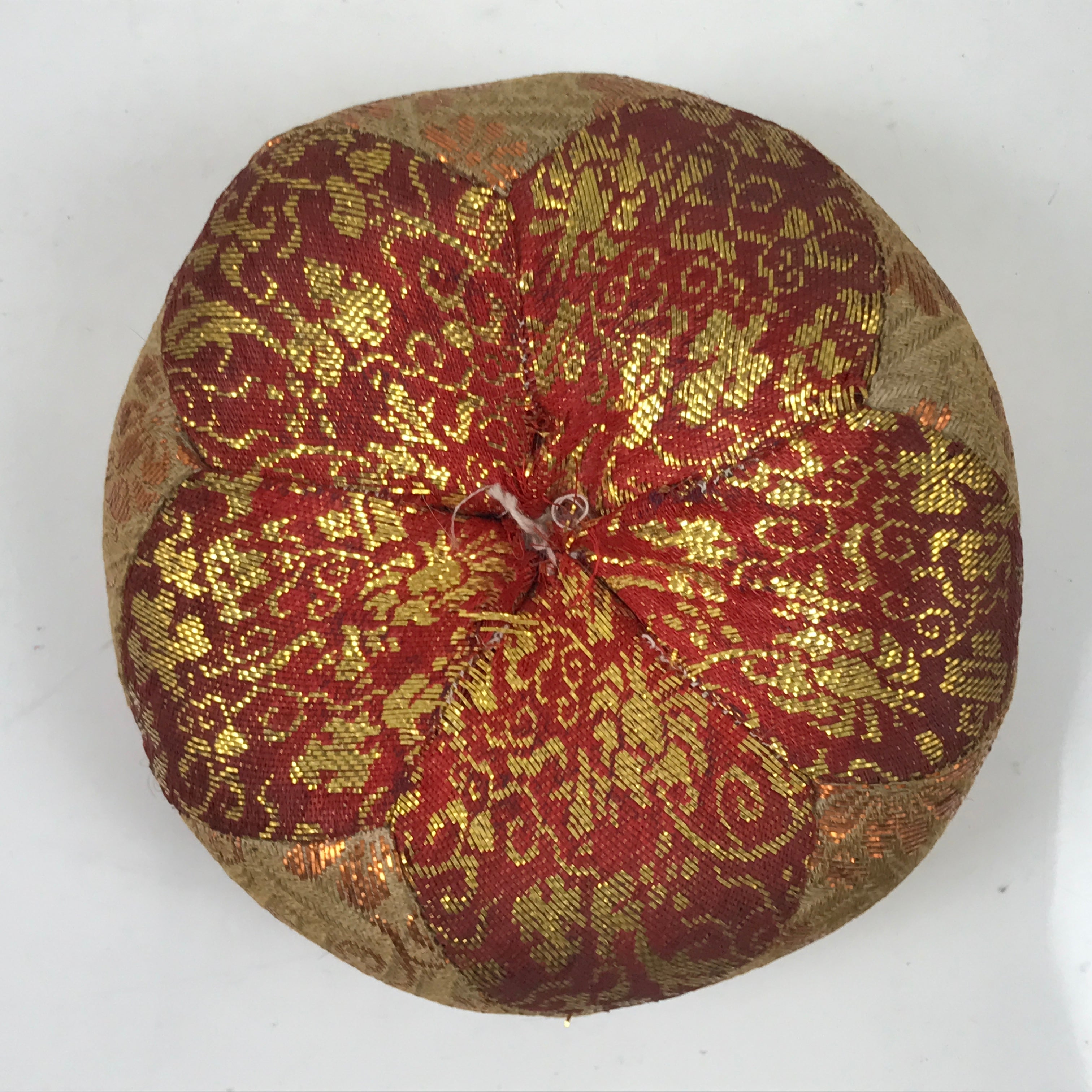 Japanese Buddhist Orin Bell Singing Bowl Fabric Pillow Vtg Small Red Gold BA560