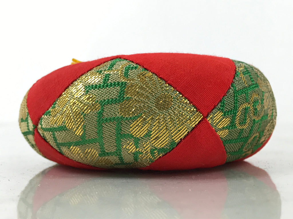 Japanese Buddhist Orin Bell Singing Bowl Fabric Pillow Vtg Small Red Green BA562