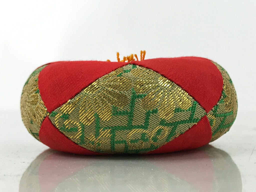 Japanese Buddhist Orin Bell Singing Bowl Fabric Pillow Vtg Small Red Green BA562