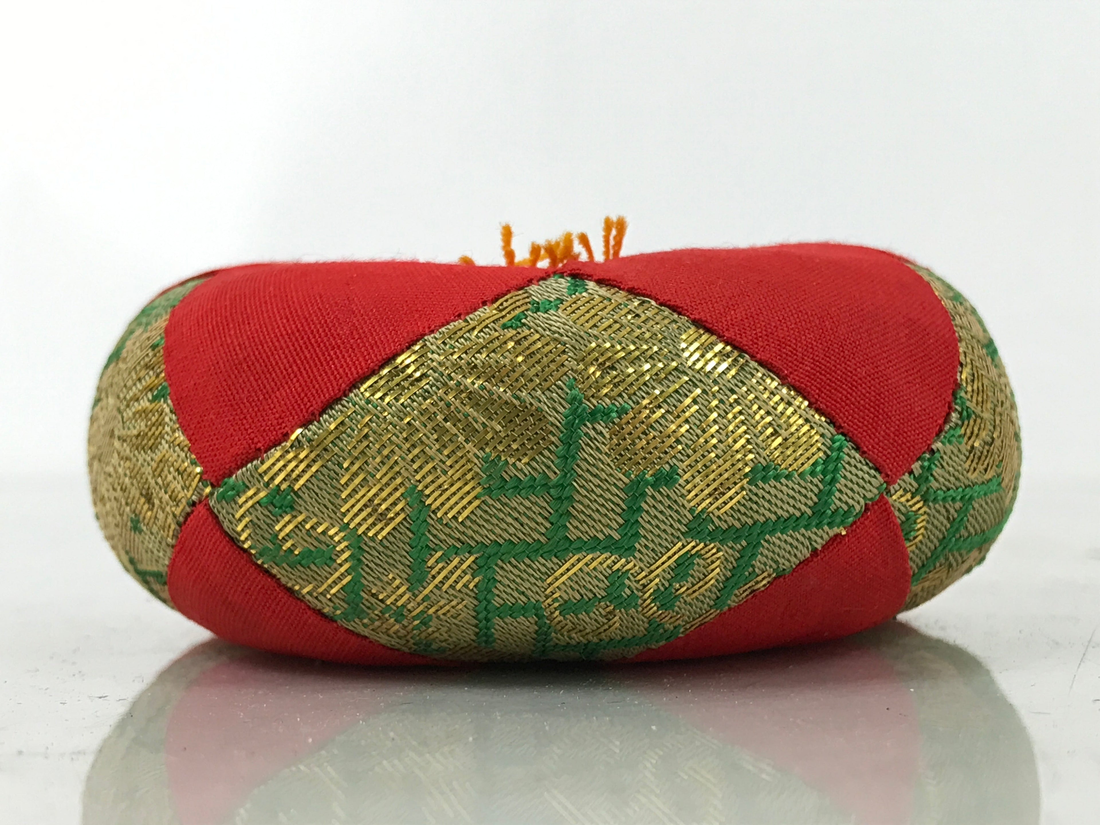 Japanese Buddhist Orin Bell Singing Bowl Fabric Pillow Vtg Small Red Green BA562